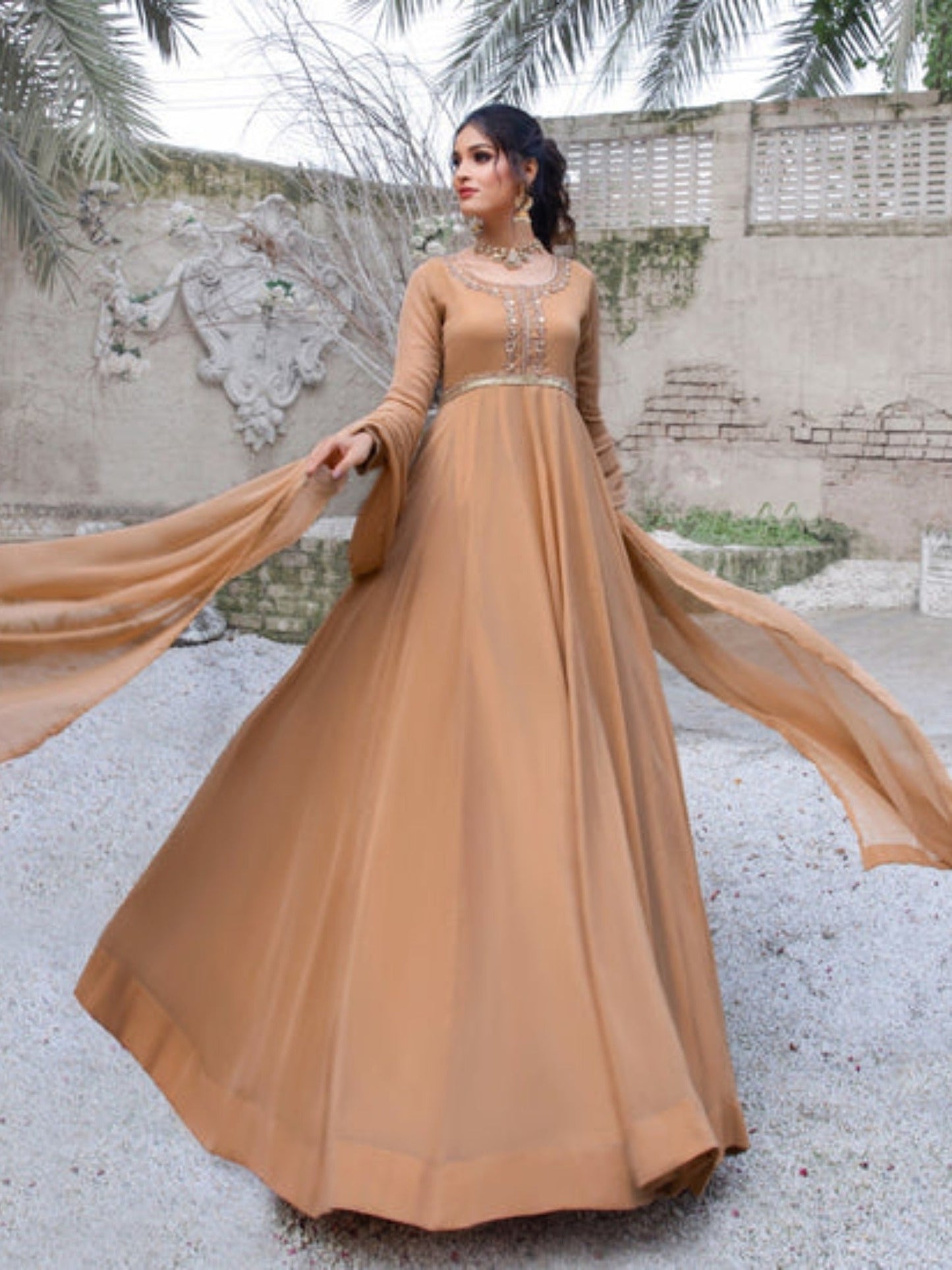 Beige-Hani & Umaima Chiffon Embroidered Pishwas-Roohi