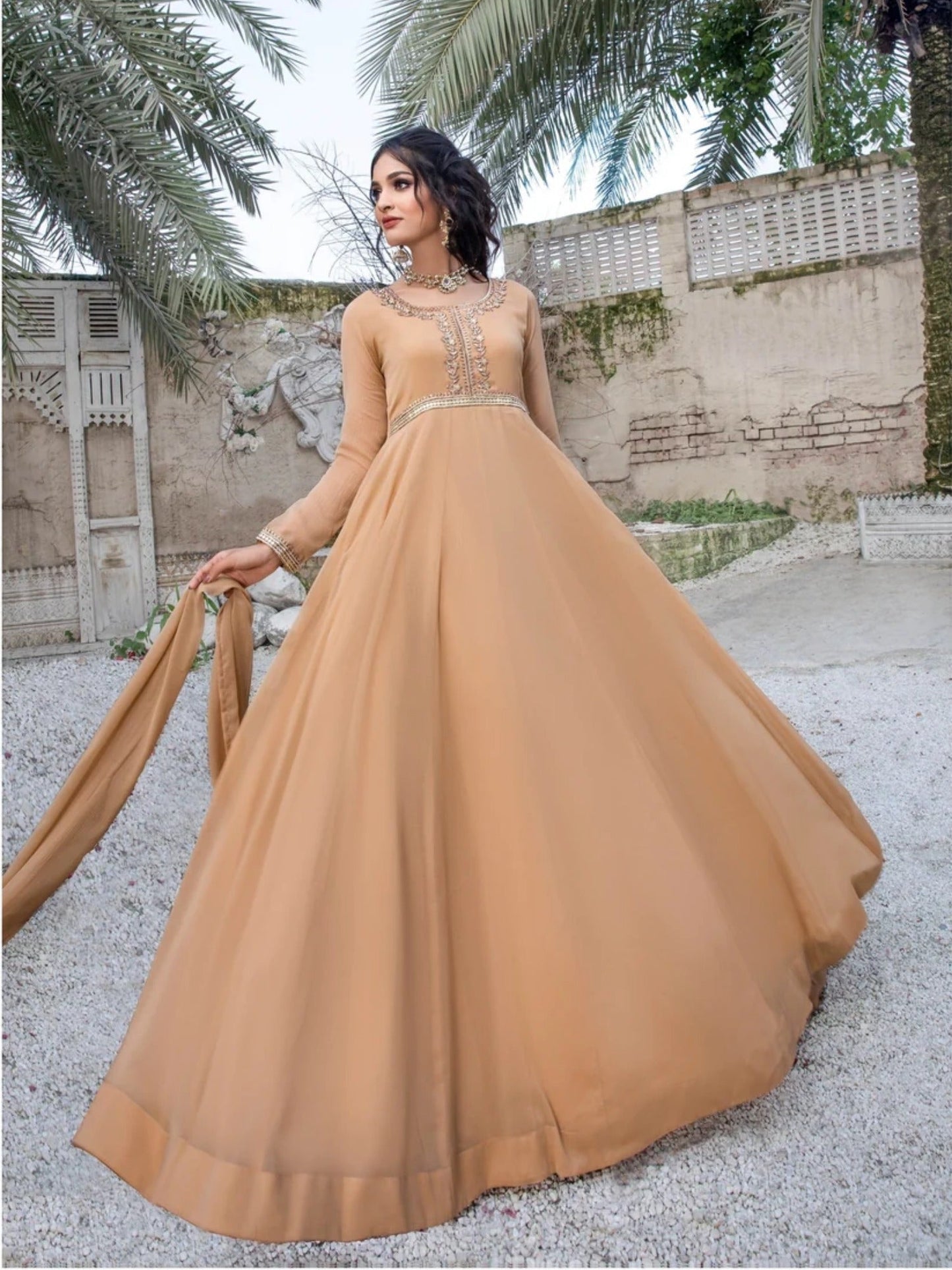 Beige-Hani & Umaima Chiffon Embroidered Pishwas-Roohi