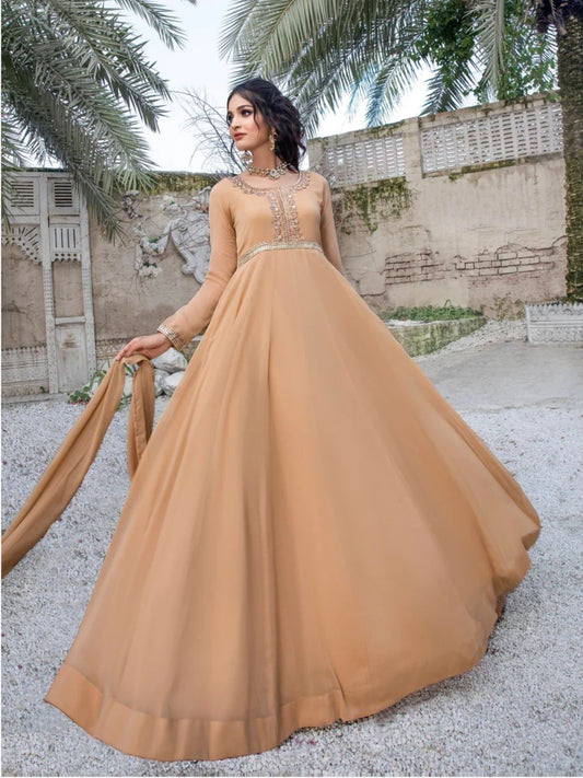 Beige-Hani & Umaima Chiffon Embroidered Pishwas-Roohi