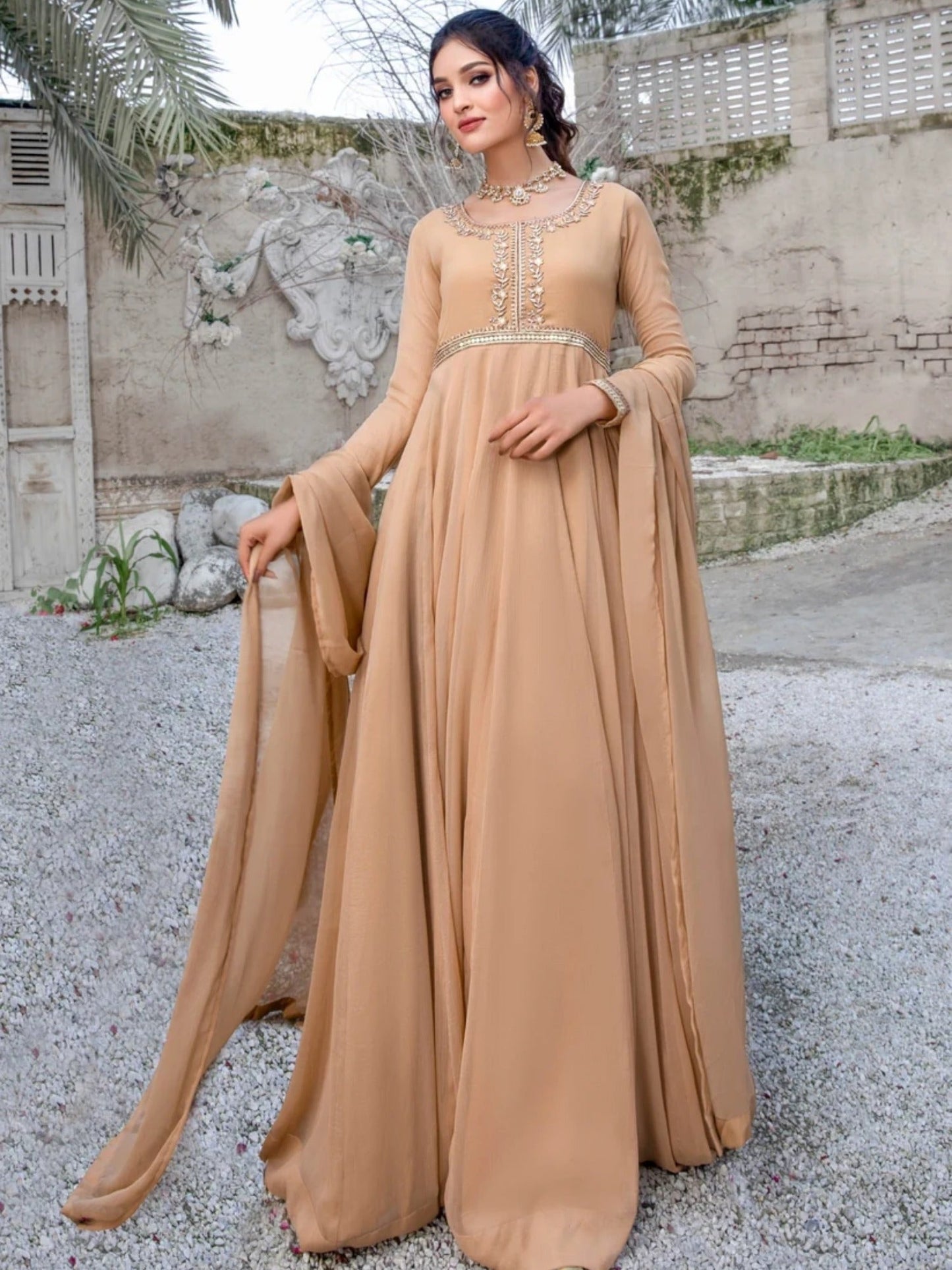 Beige-Hani & Umaima Chiffon Embroidered Pishwas-Roohi