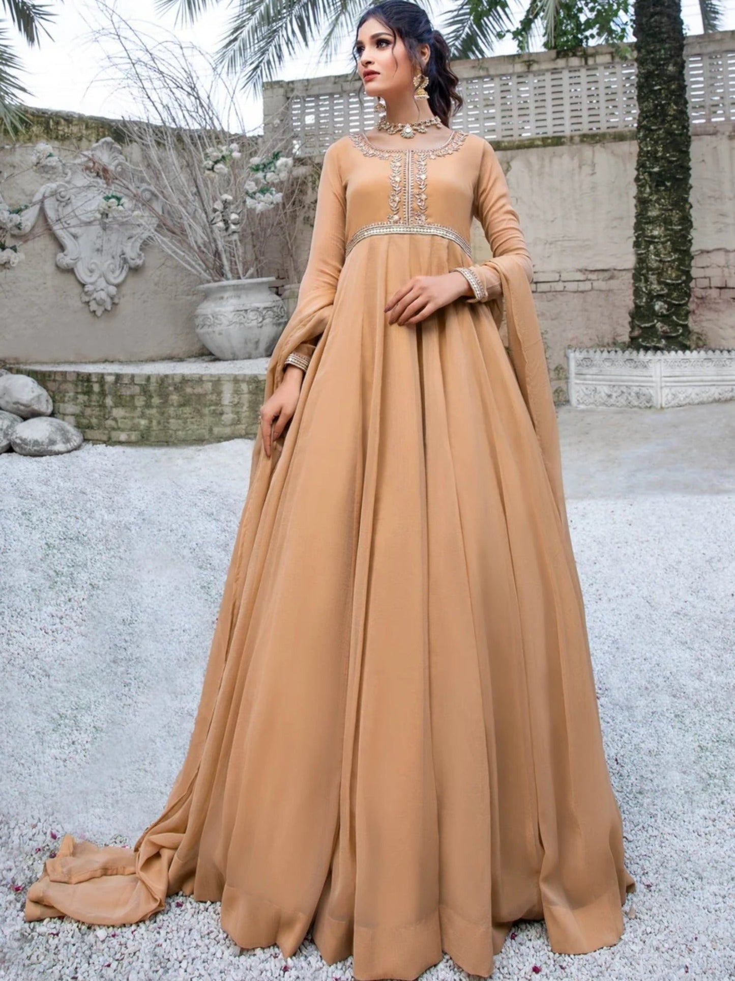 Beige-Hani & Umaima Chiffon Embroidered Pishwas-Roohi
