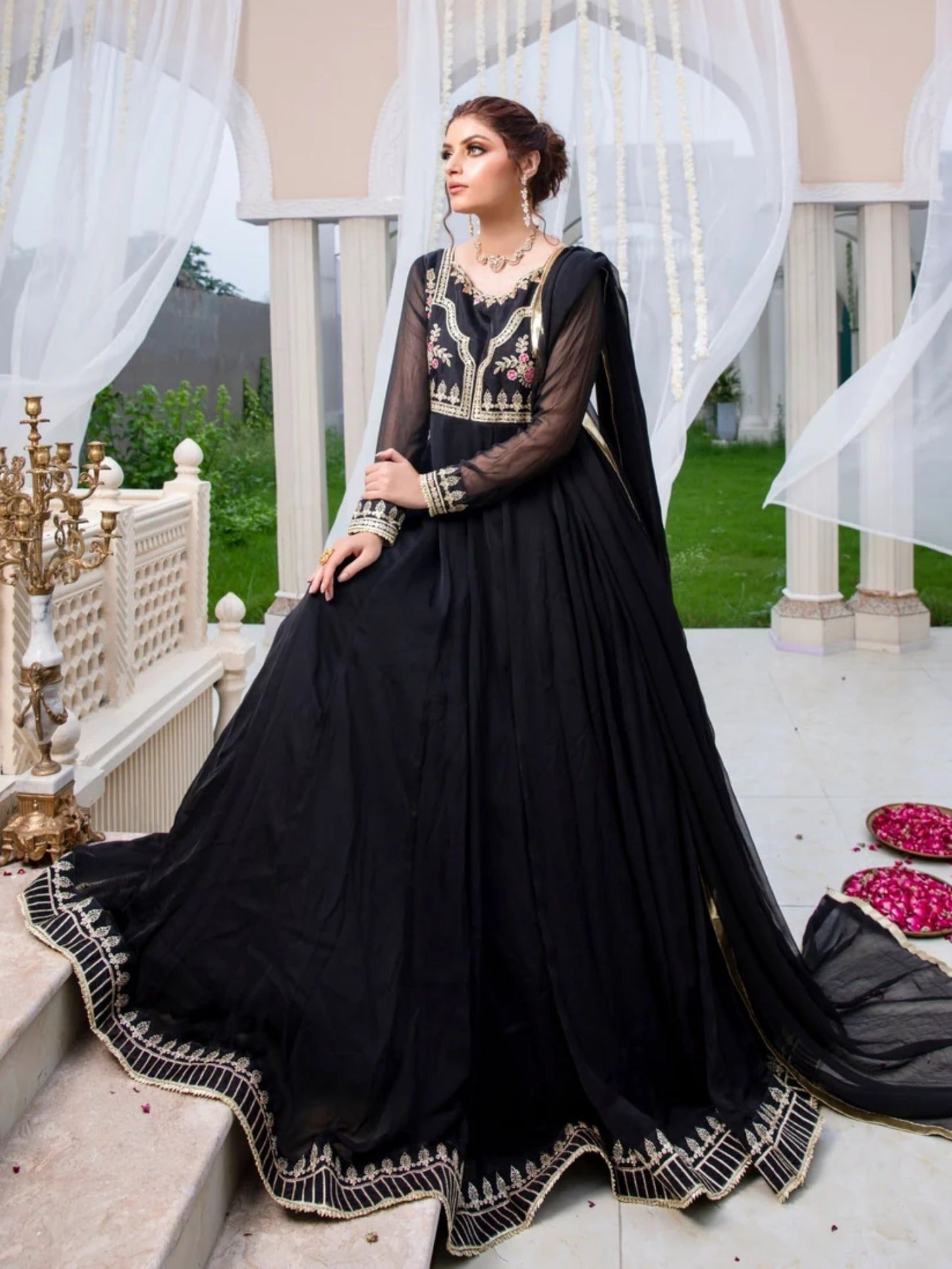 Black-Hani & Umaima Chiffon Embroidered Pishwas-Kajal