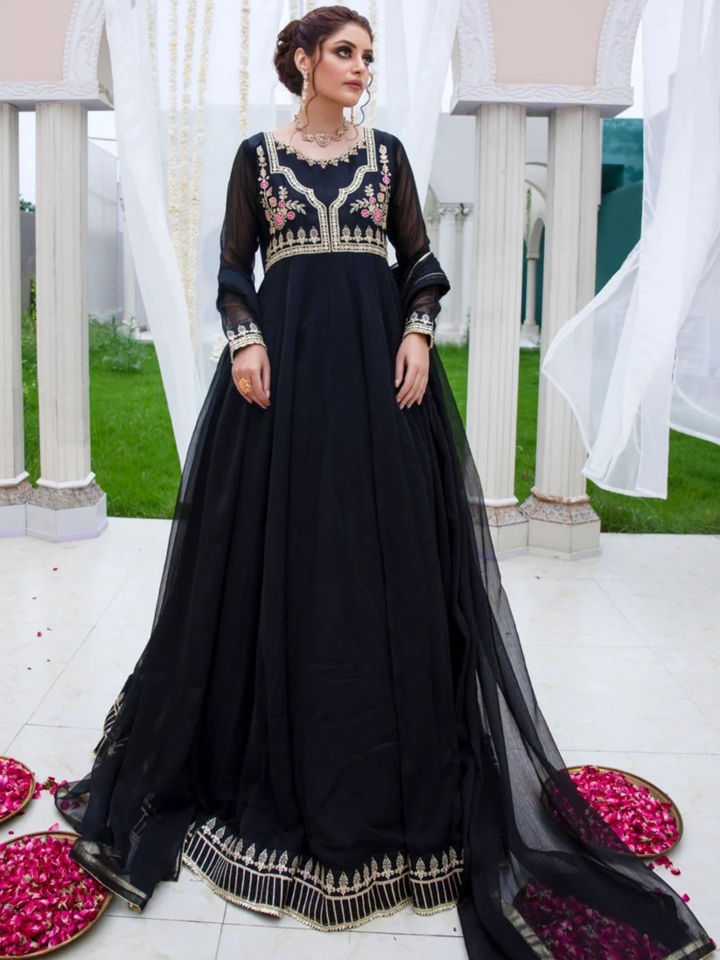Black-Hani & Umaima Chiffon Embroidered Pishwas-Kajal