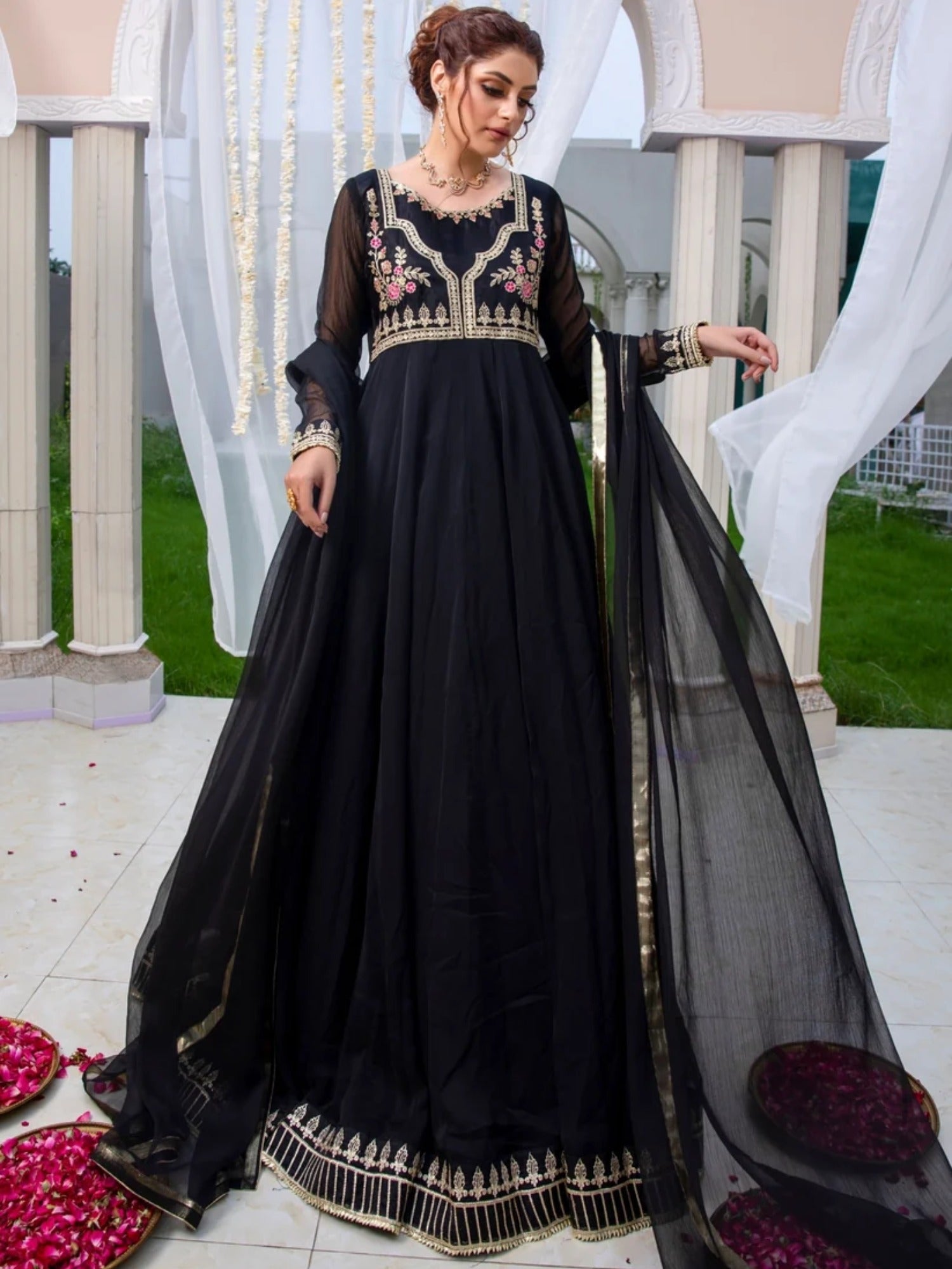 Black-Hani & Umaima Chiffon Embroidered Pishwas-Kajal