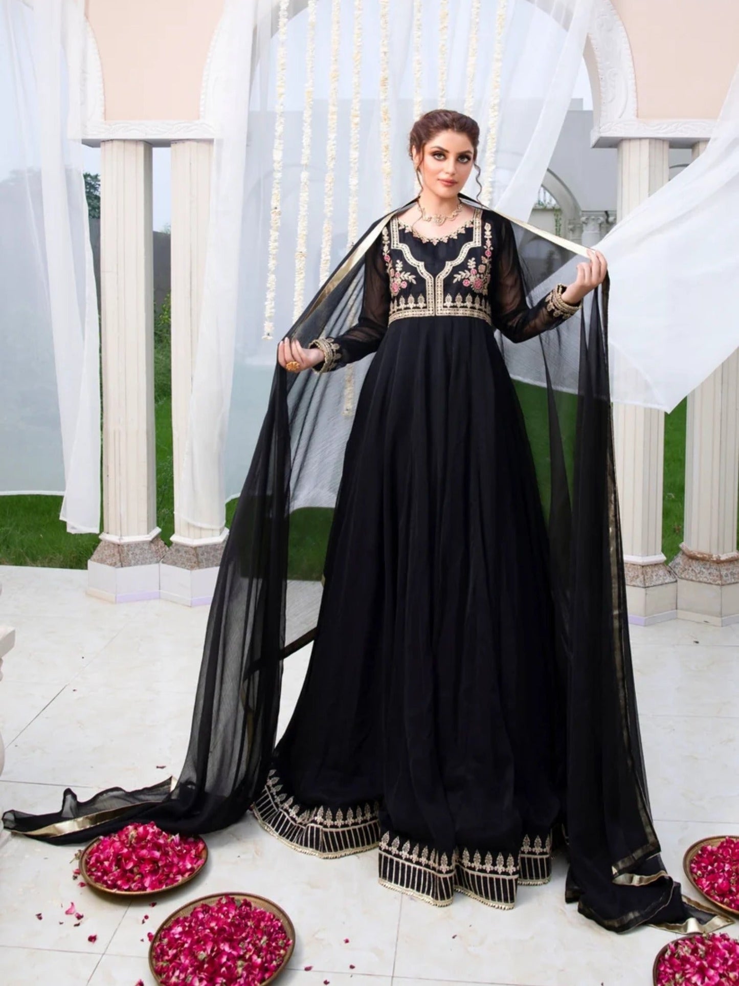 Black-Hani & Umaima Chiffon Embroidered Pishwas-Kajal