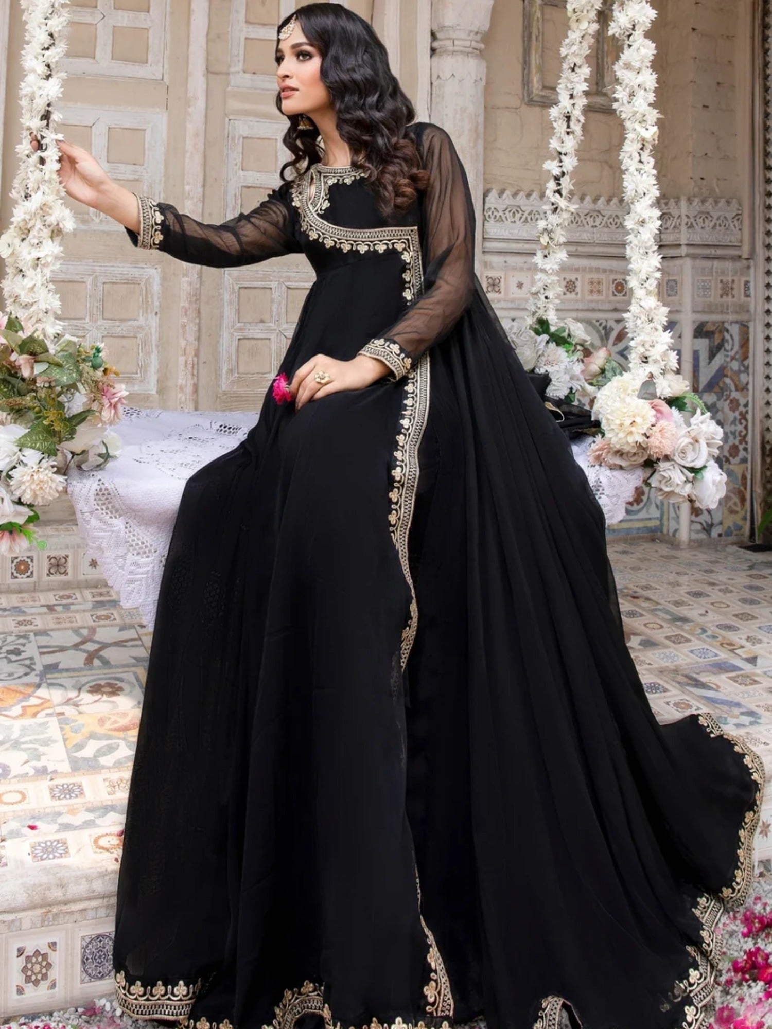 Black-Hani & Umaima Chiffon Embroidered Pishwas-Koel