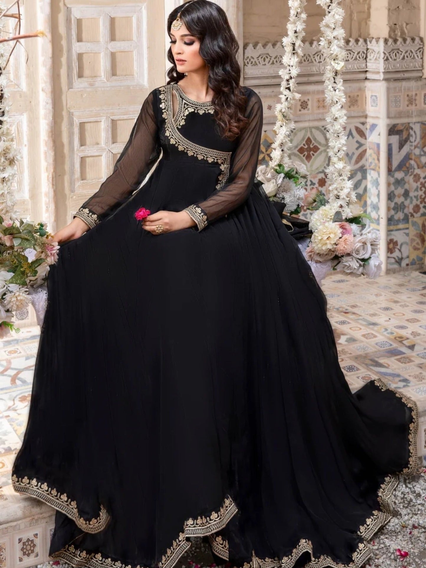 Black-Hani & Umaima Chiffon Embroidered Pishwas-Koel