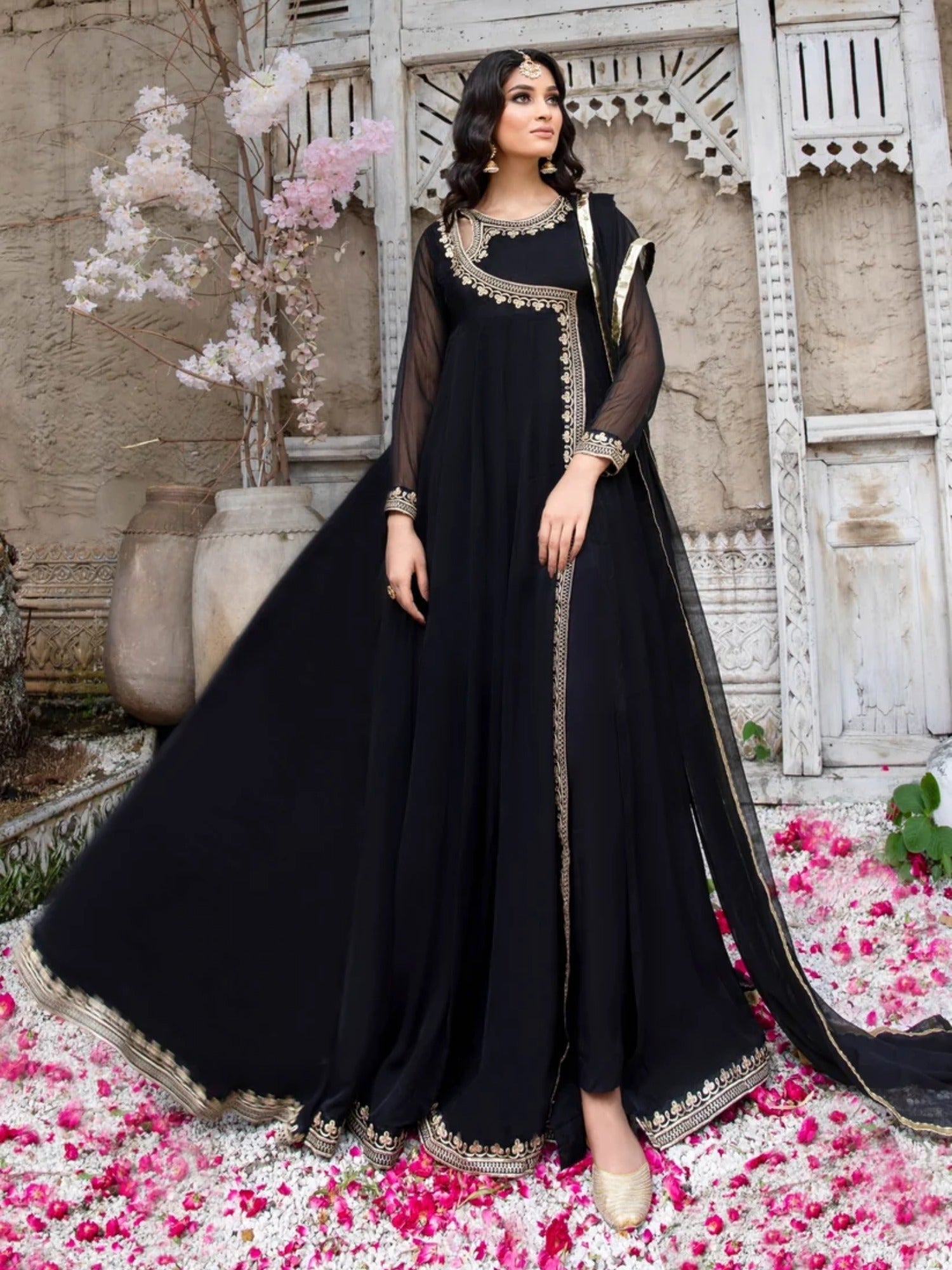 Black-Hani & Umaima Chiffon Embroidered Pishwas-Koel