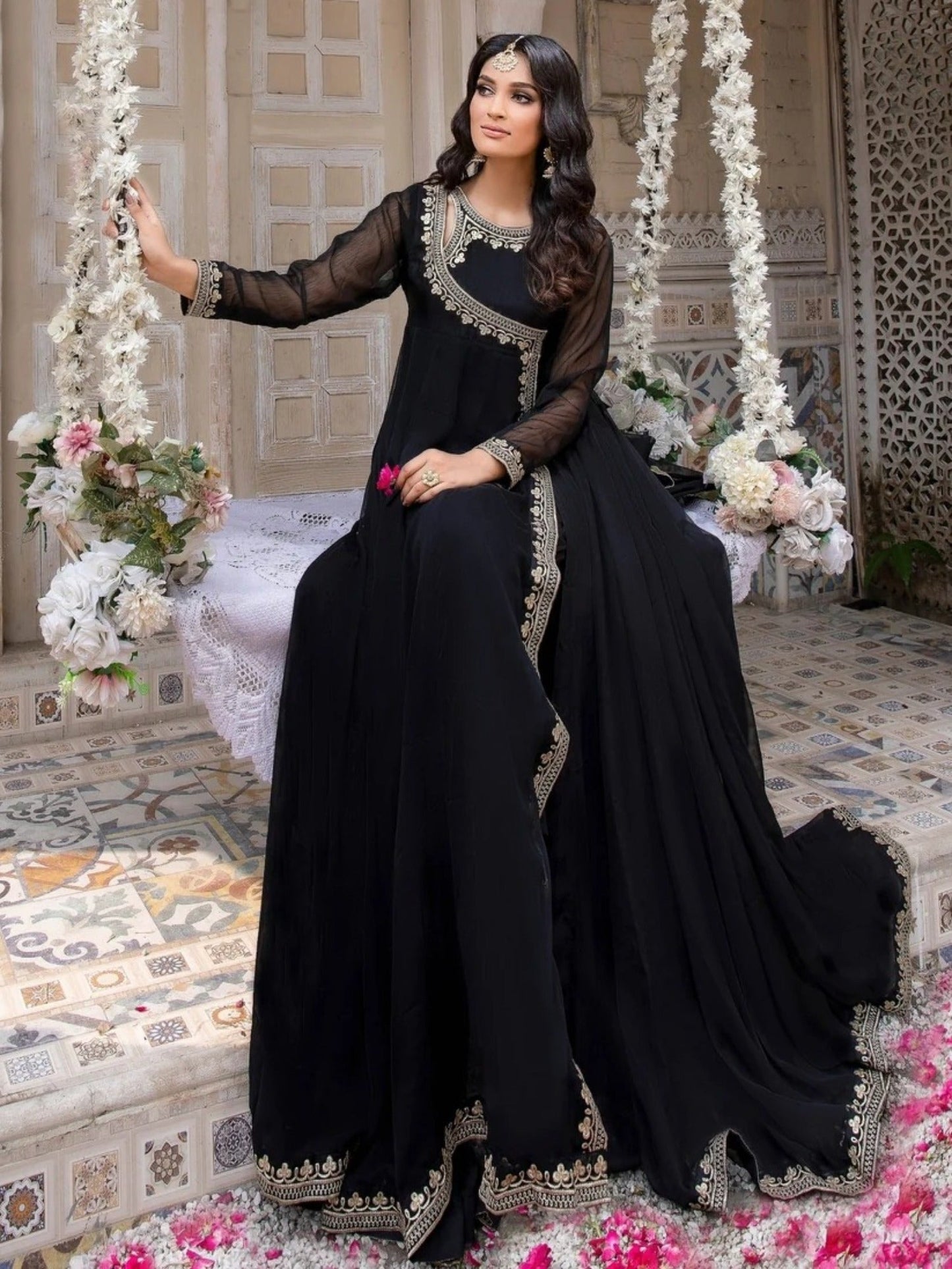 Black-Hani & Umaima Chiffon Embroidered Pishwas-Koel
