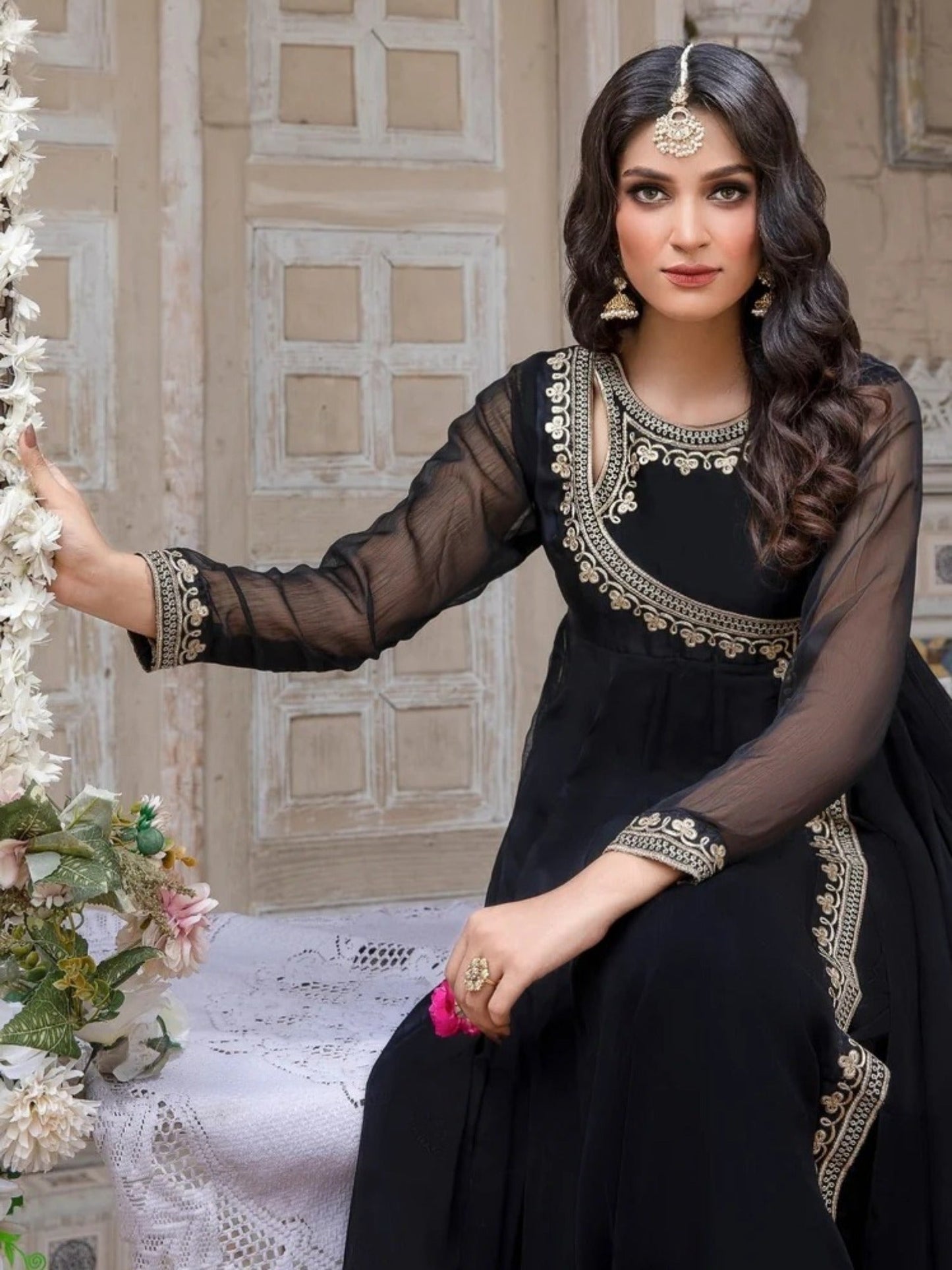 Black-Hani & Umaima Chiffon Embroidered Pishwas-Koel