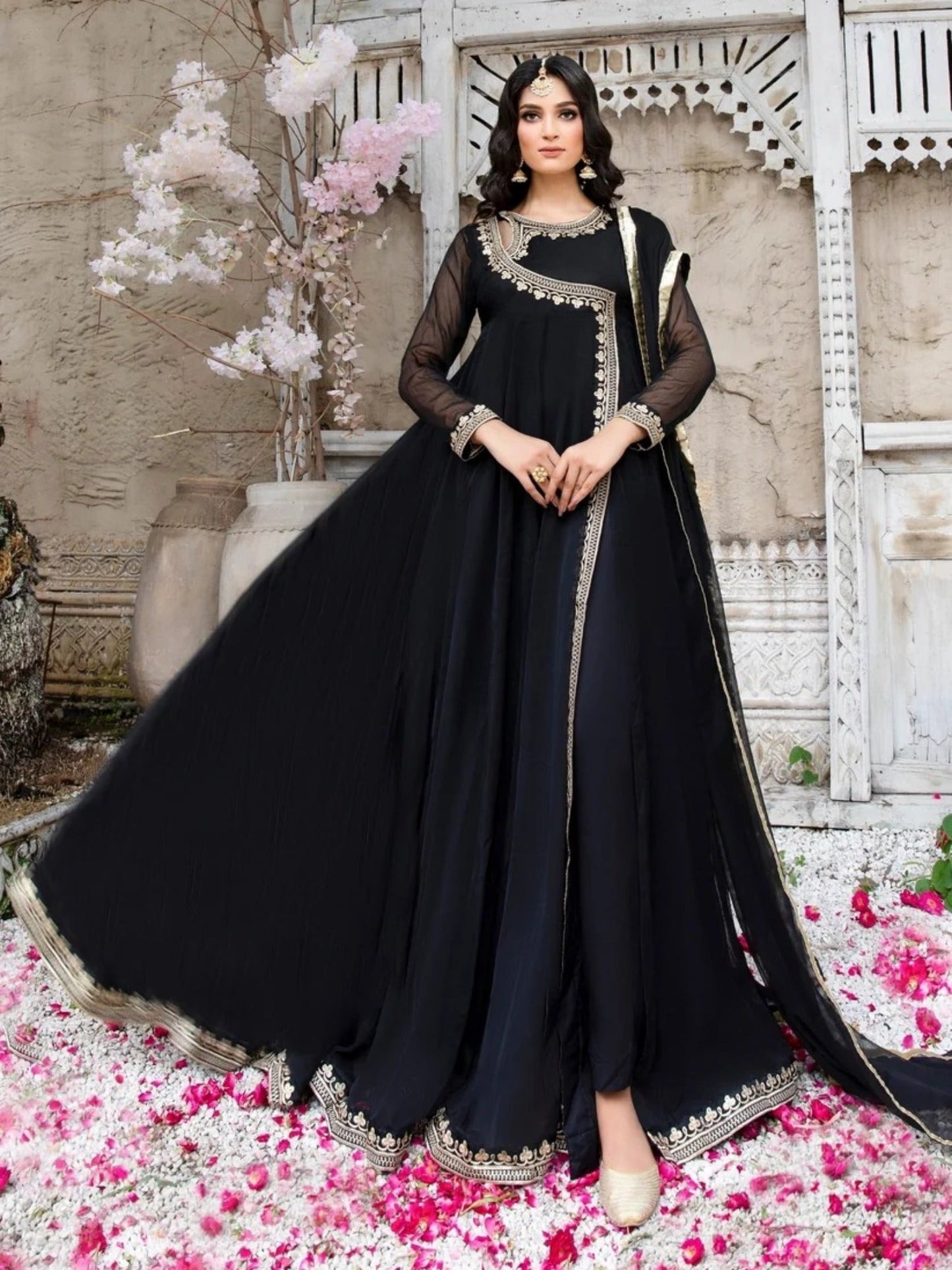 Black-Hani & Umaima Chiffon Embroidered Pishwas-Koel