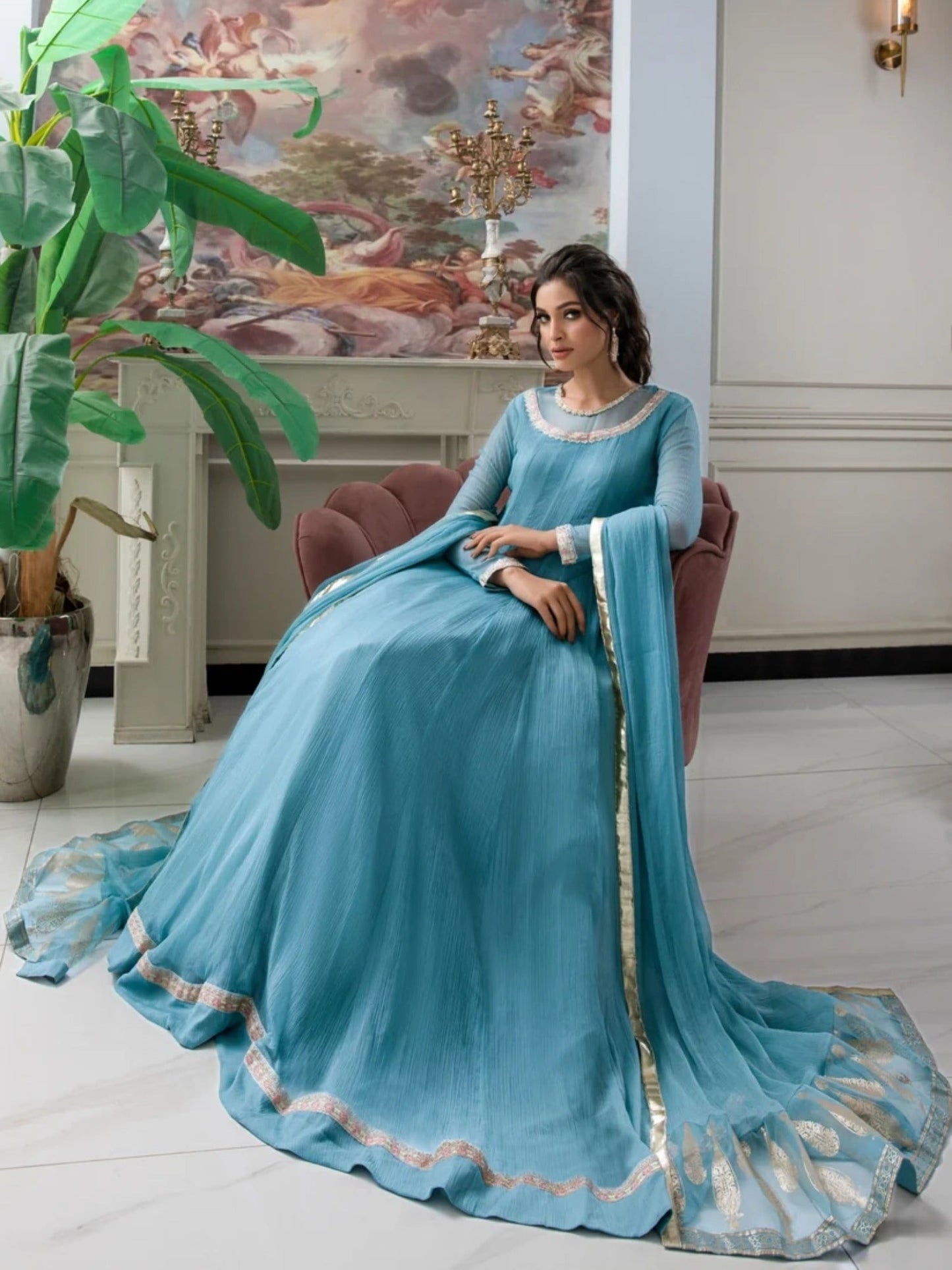 Blue-Hani & Umaima Chiffon Embroidered Maxi-Feroza