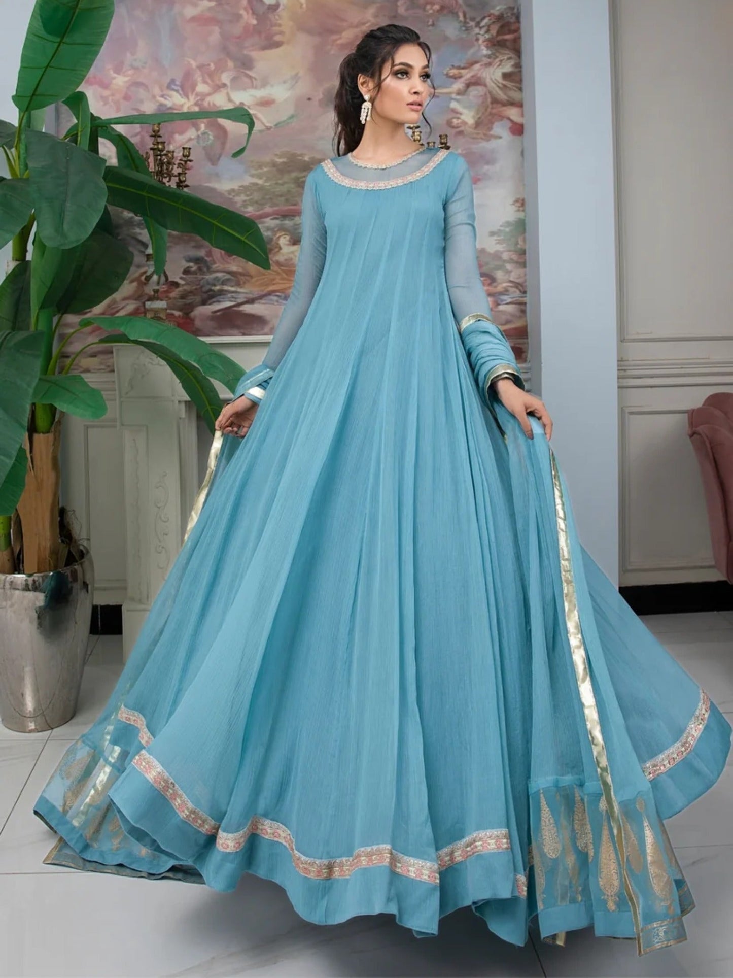 Blue-Hani & Umaima Chiffon Embroidered Maxi-Feroza