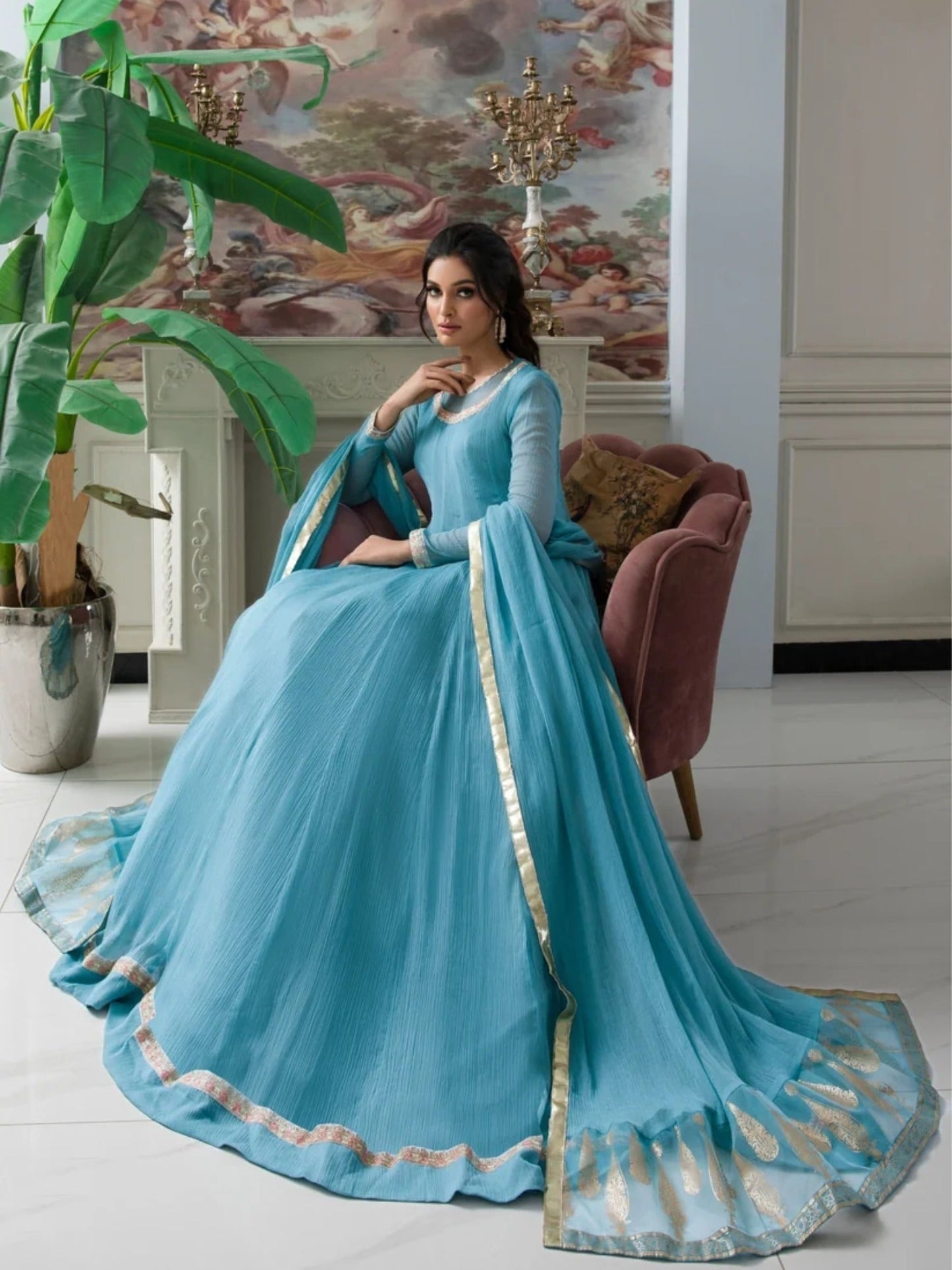 Blue-Hani & Umaima Chiffon Embroidered Maxi-Feroza