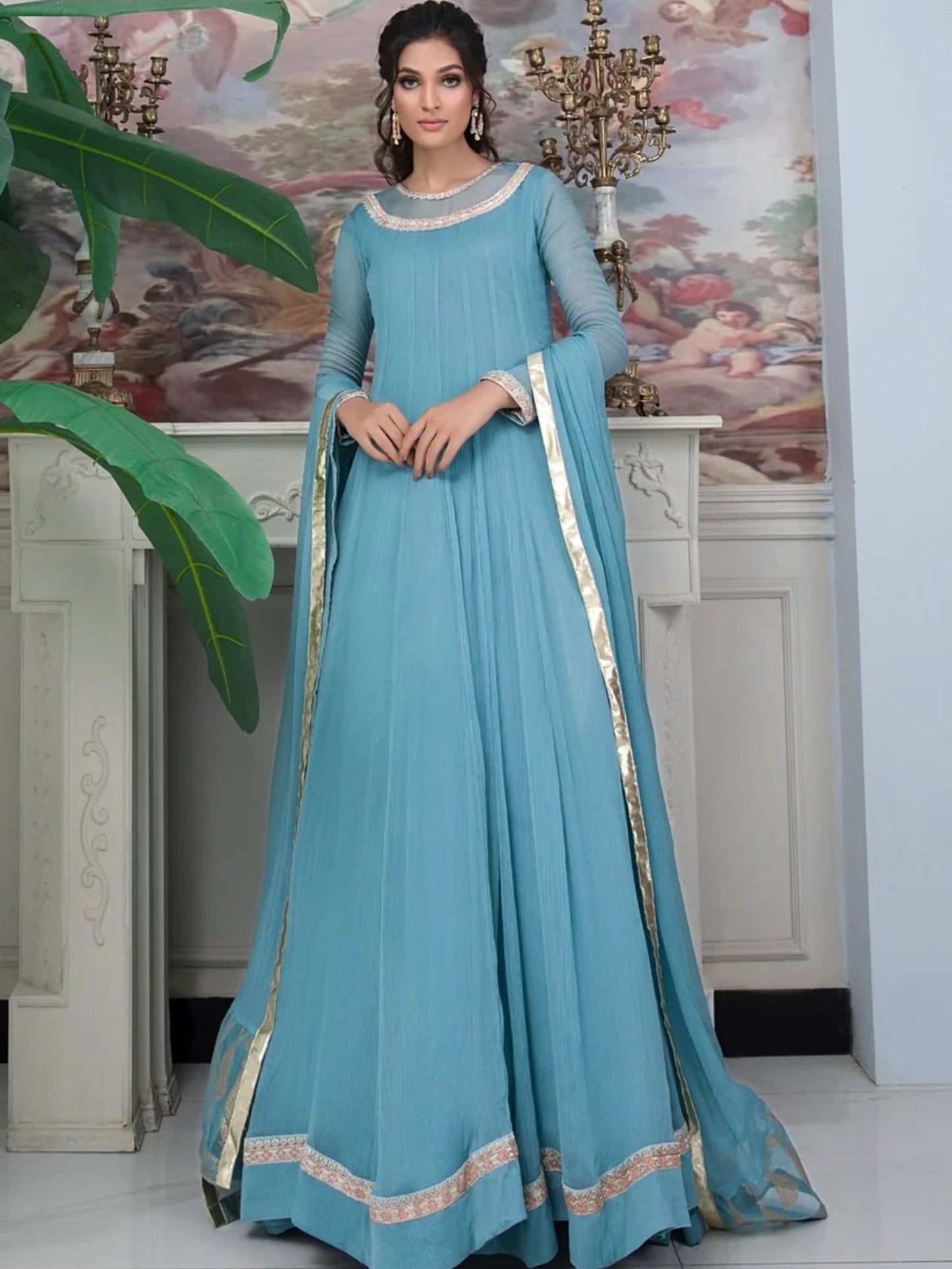 Blue-Hani & Umaima Chiffon Embroidered Maxi-Feroza