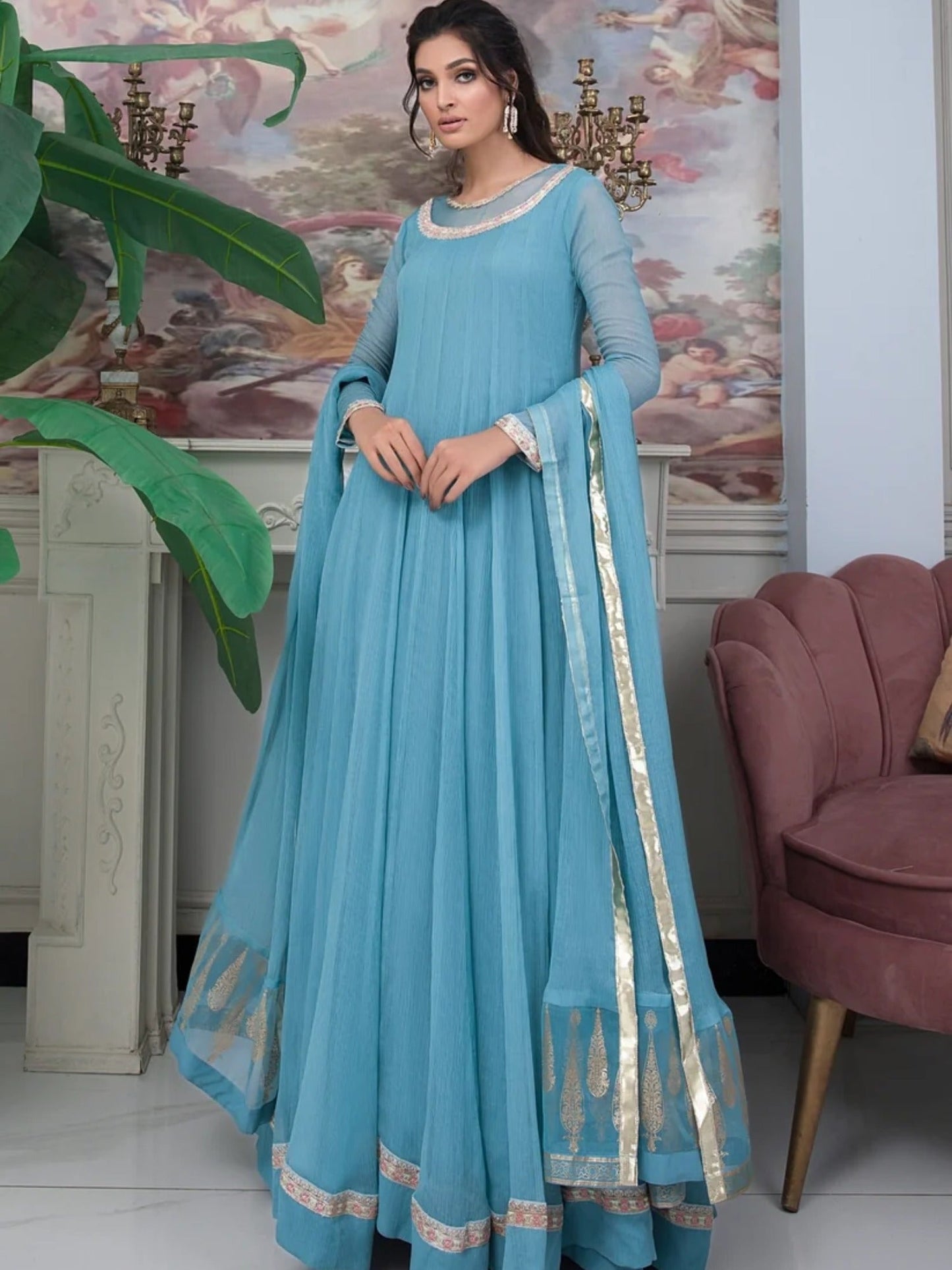 Blue-Hani & Umaima Chiffon Embroidered Maxi-Feroza