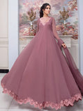 Rose Gold-Hani & Umaima Chiffon Embroidered Maxi-Kanwal