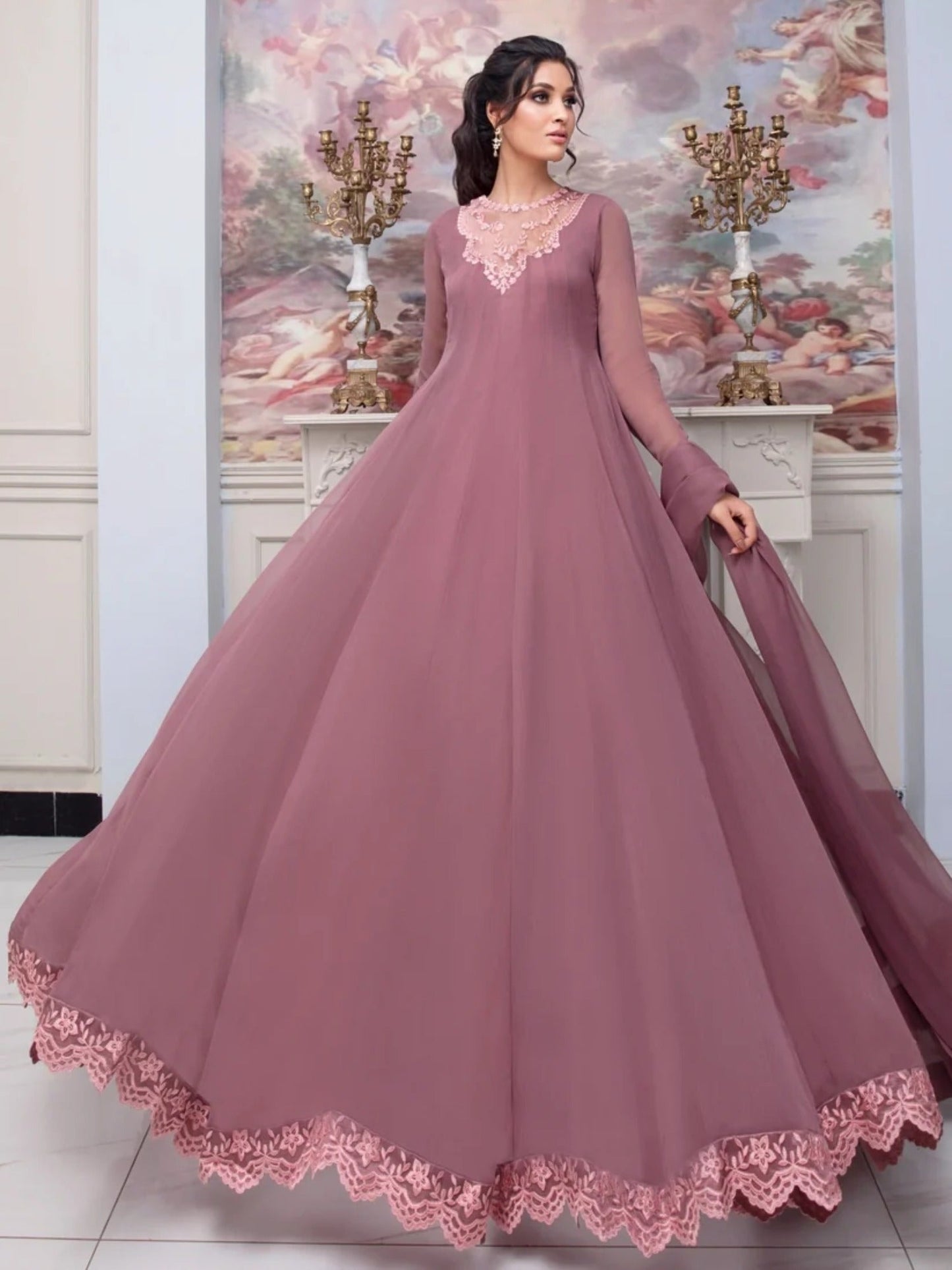 Rose Gold-Hani & Umaima Chiffon Embroidered Maxi-Kanwal