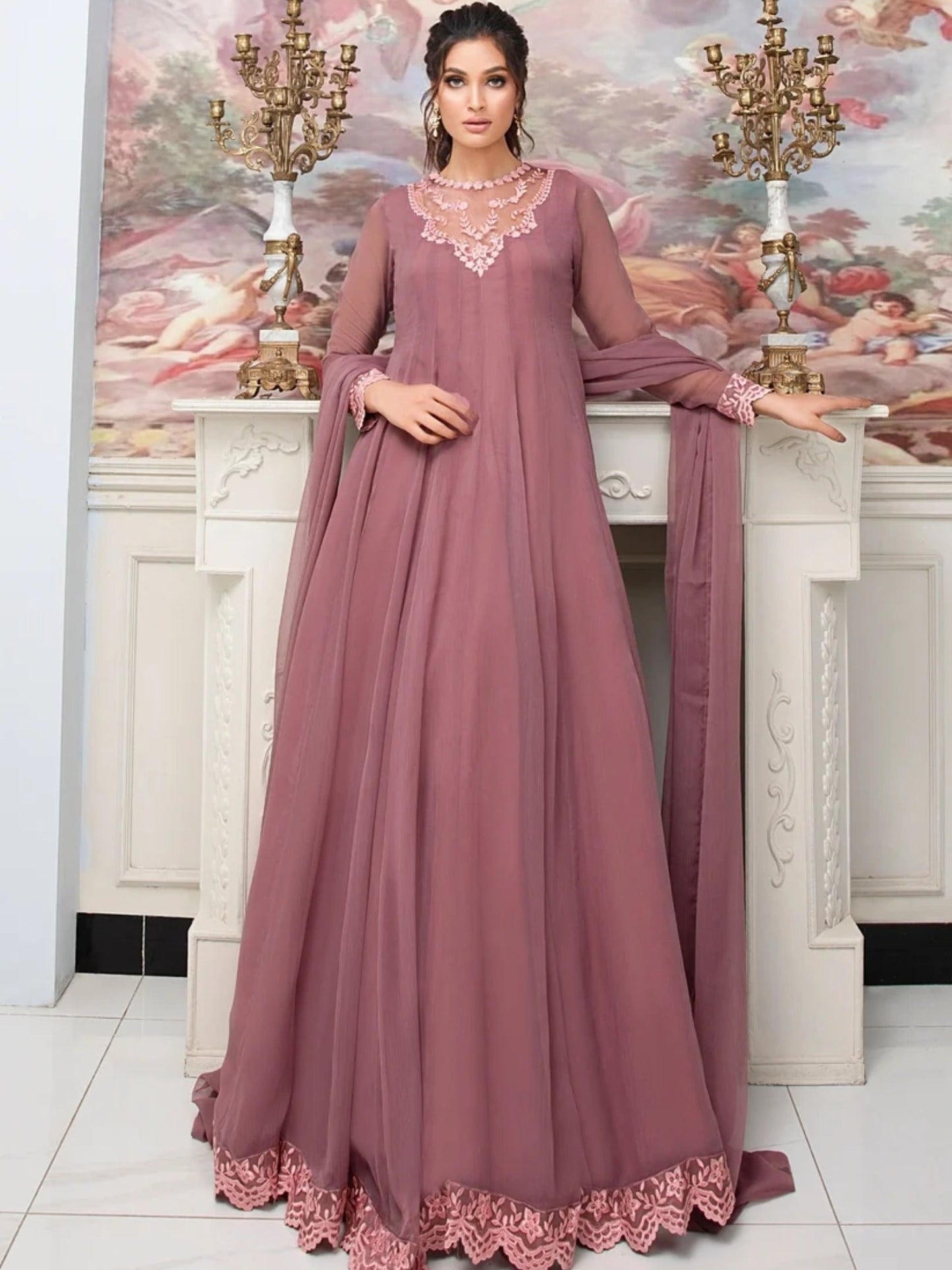 Rose Gold-Hani & Umaima Chiffon Embroidered Maxi-Kanwal
