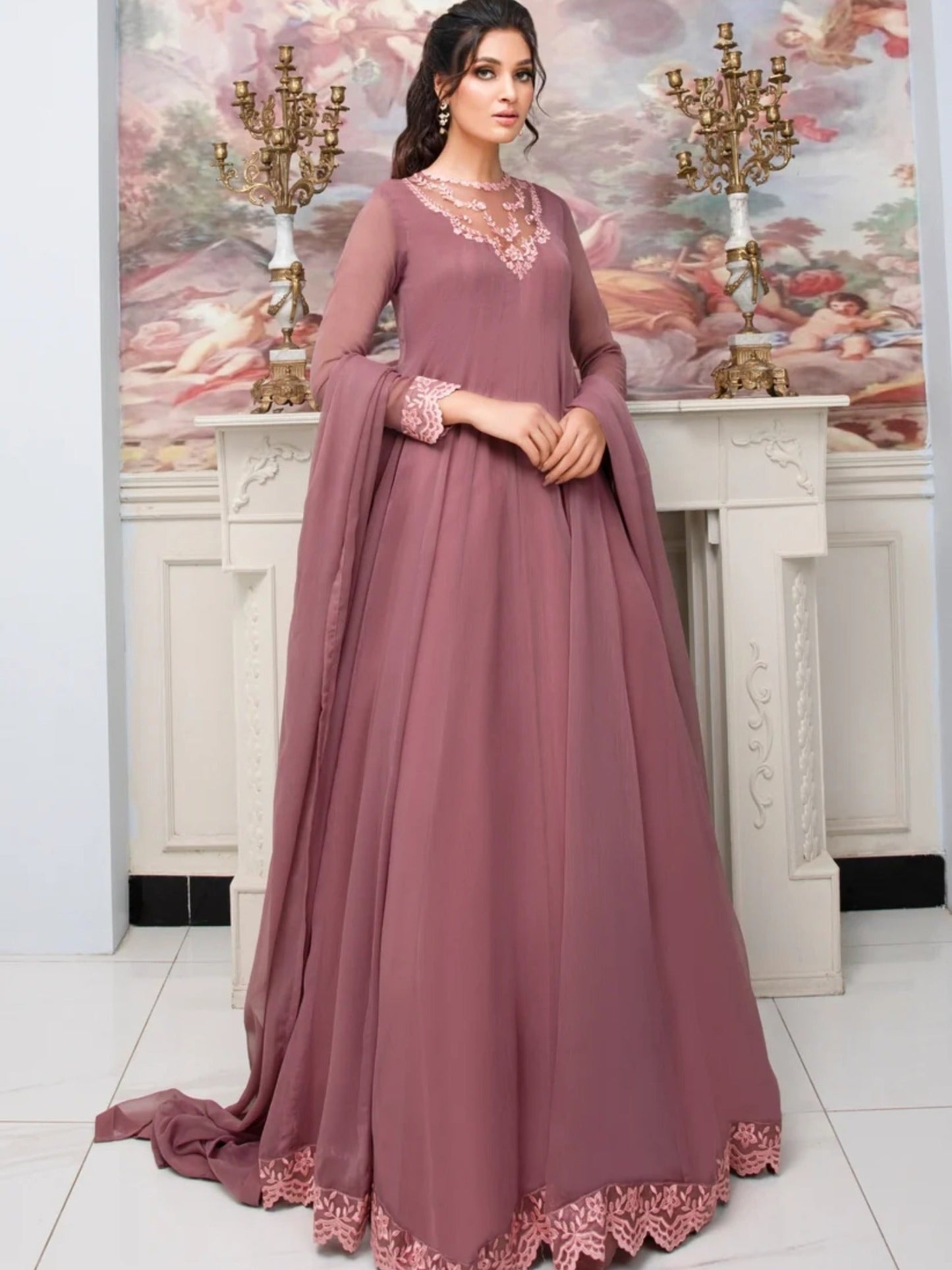 Rose Gold-Hani & Umaima Chiffon Embroidered Maxi-Kanwal