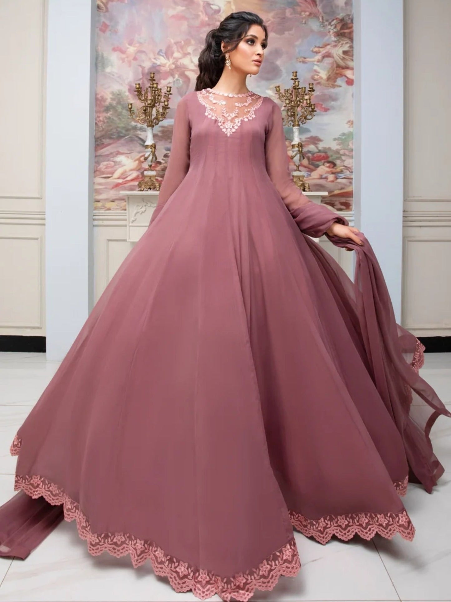 Rose Gold-Hani & Umaima Chiffon Embroidered Maxi-Kanwal