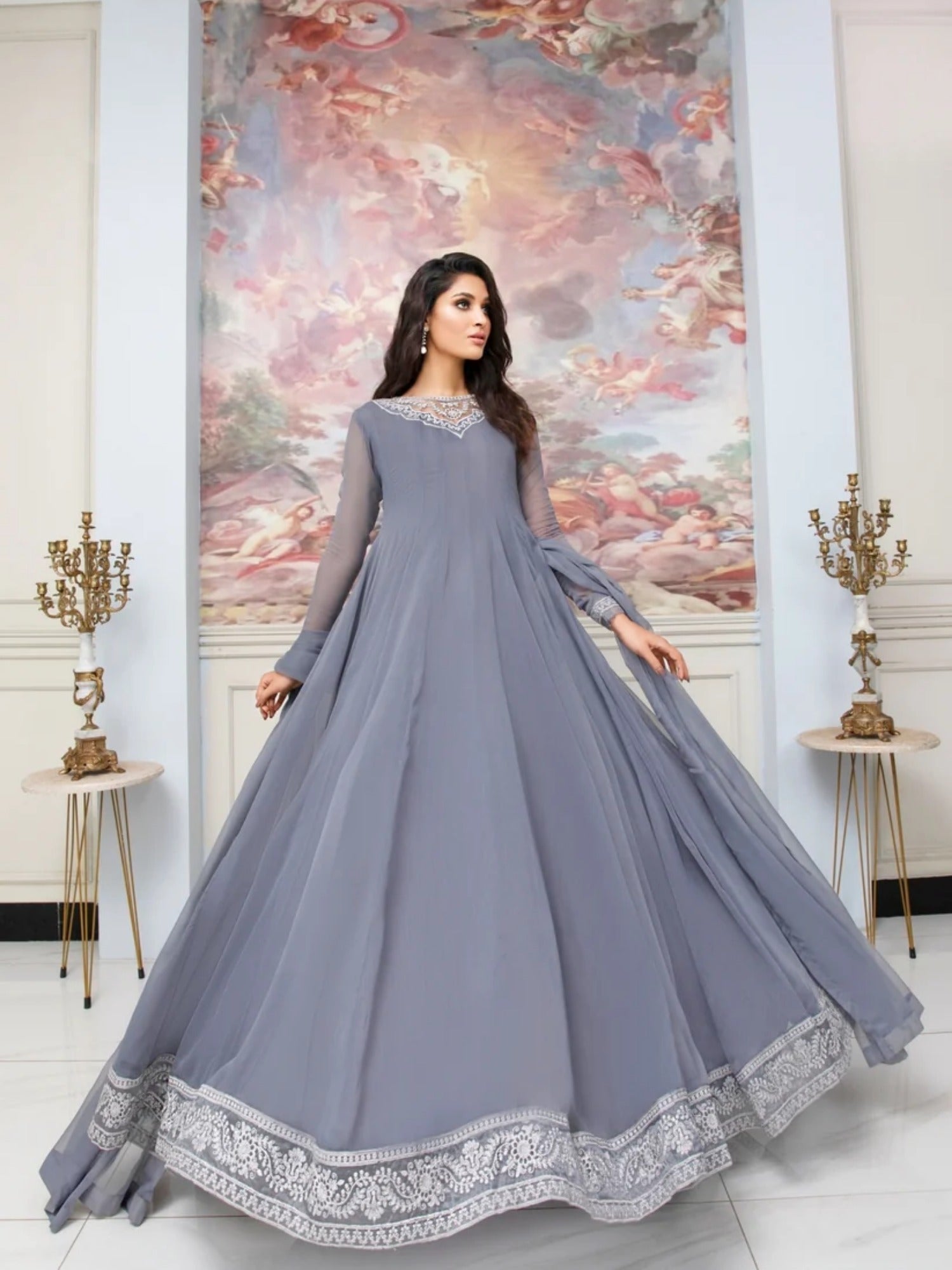 Grey-Hani & Umaima Chiffon Embroidered Maxi-Surmai