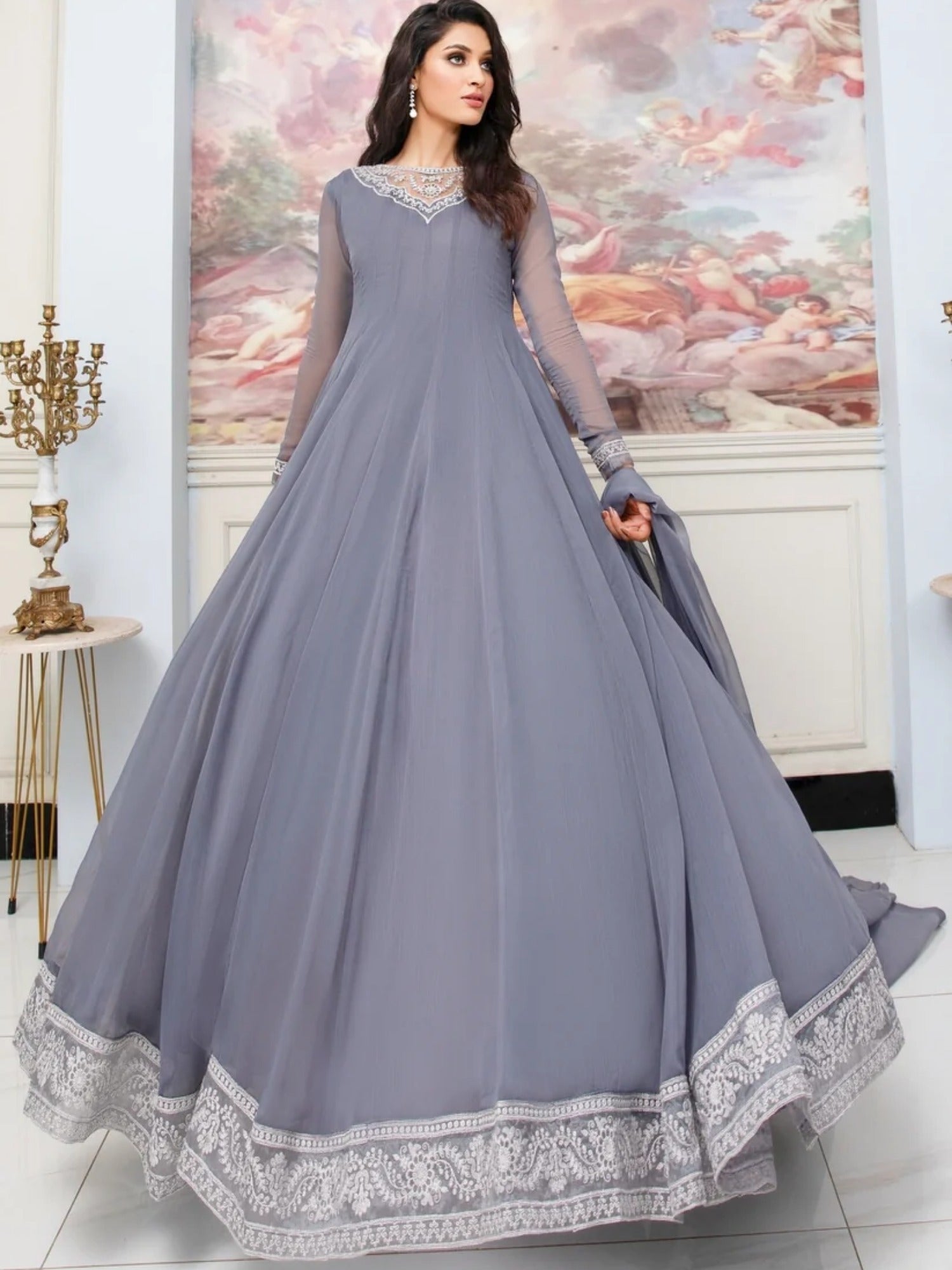 Grey-Hani & Umaima Chiffon Embroidered Maxi-Surmai