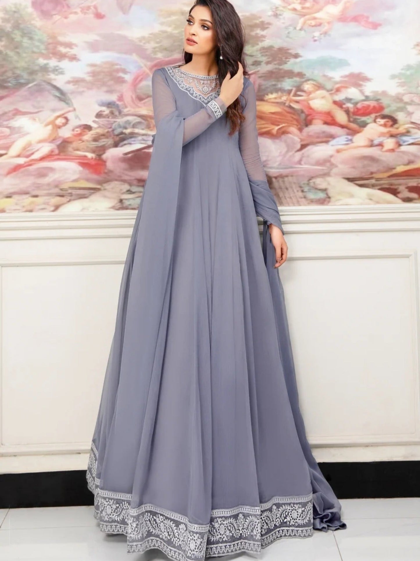 Grey-Hani & Umaima Chiffon Embroidered Maxi-Surmai