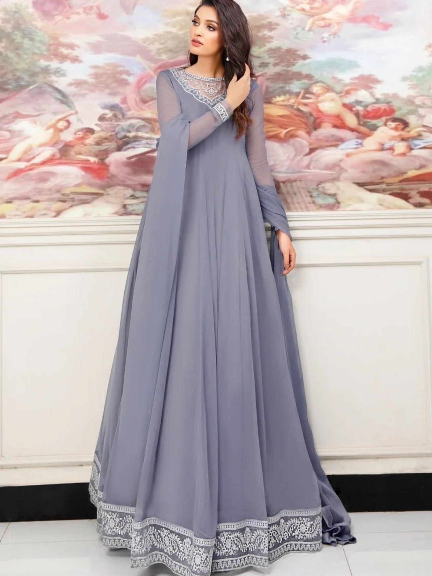 Grey-Hani & Umaima Chiffon Embroidered Maxi-Surmai