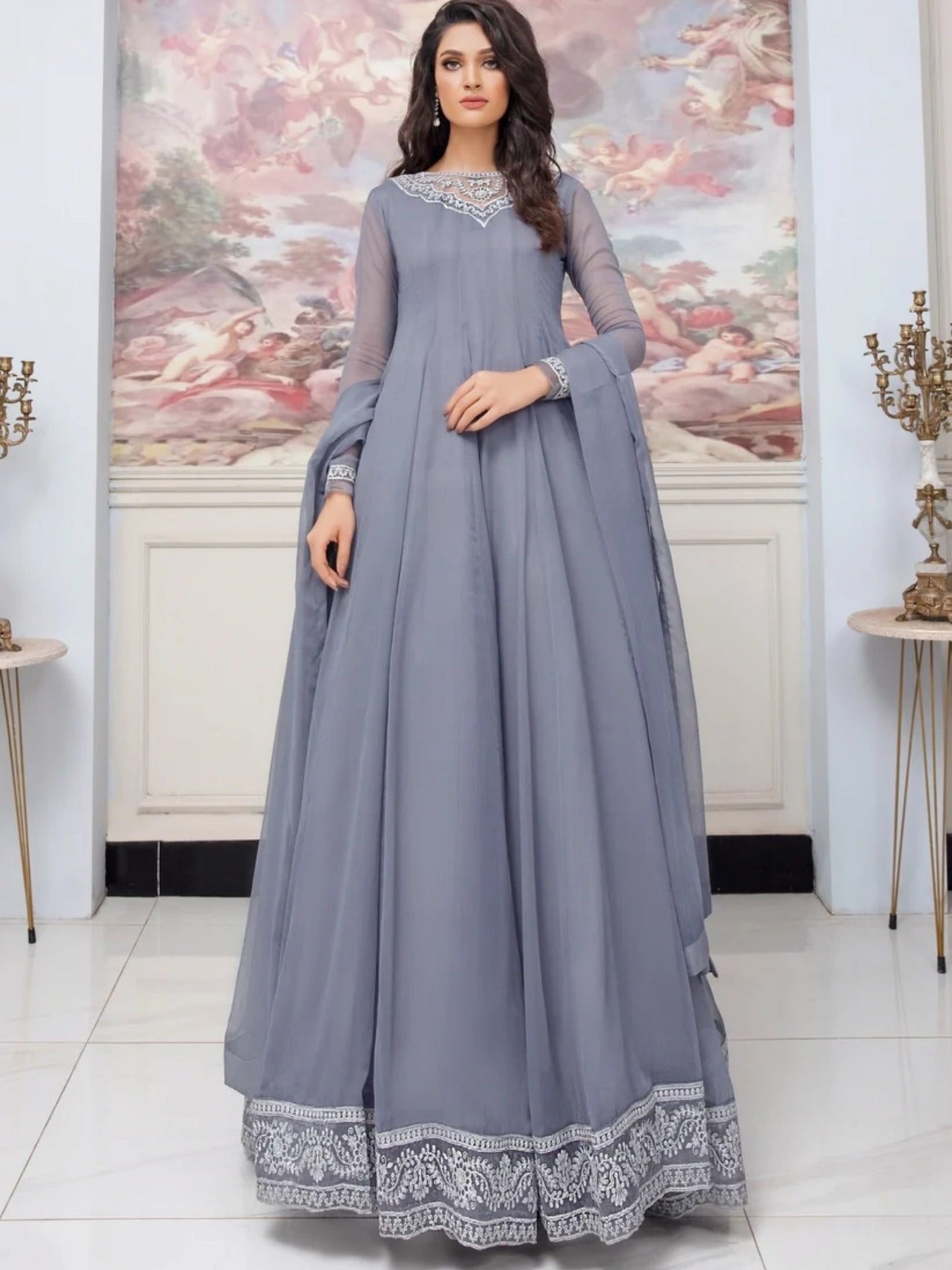 Grey-Hani & Umaima Chiffon Embroidered Maxi-Surmai