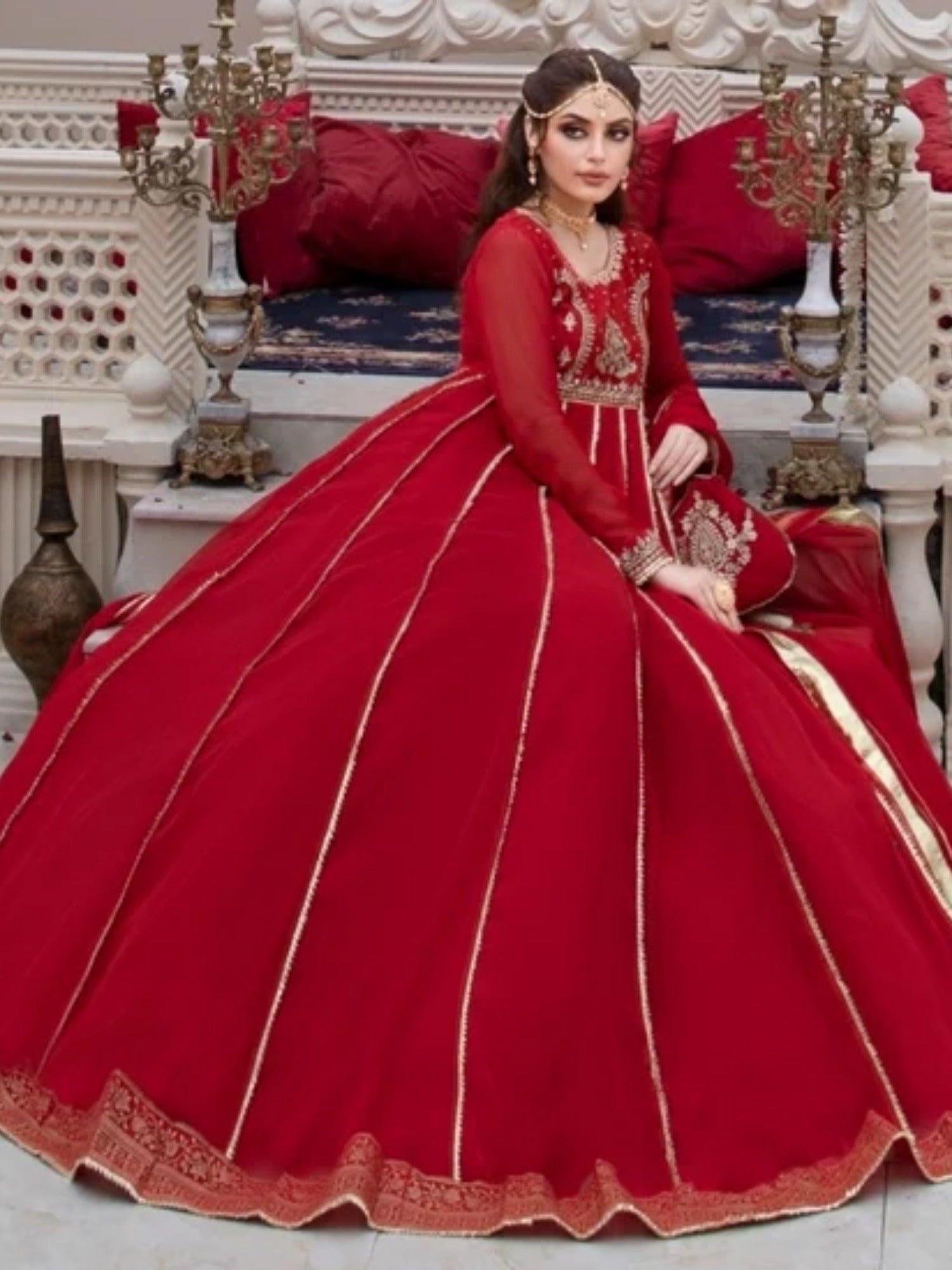 Red-Hani & Umaima Chiffon Embroidered Pishwas-Surkhab