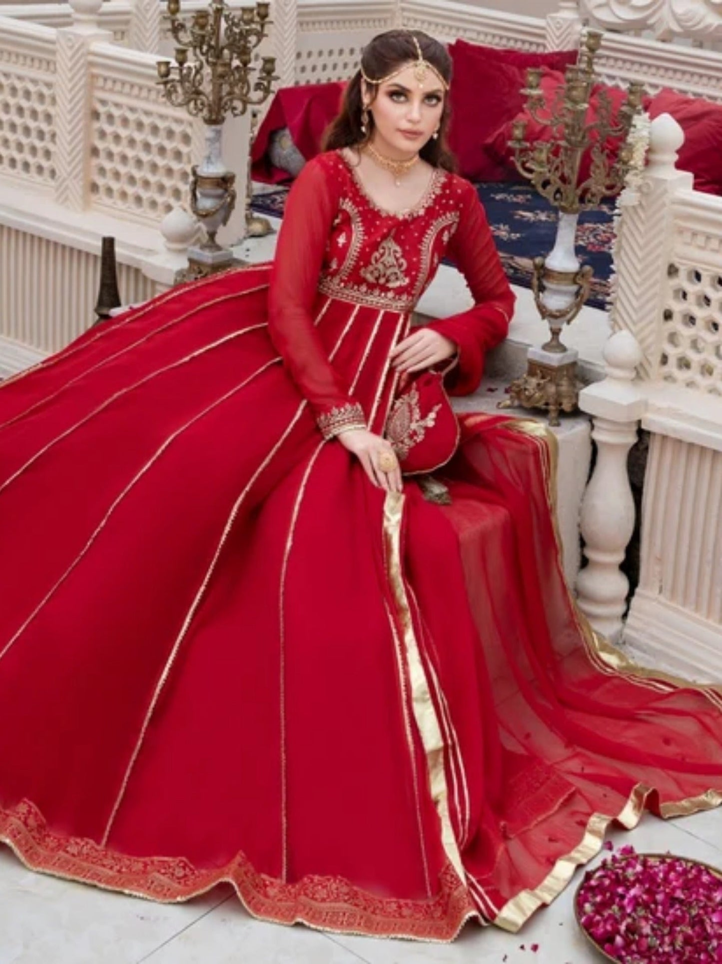 Red-Hani & Umaima Chiffon Embroidered Pishwas-Surkhab
