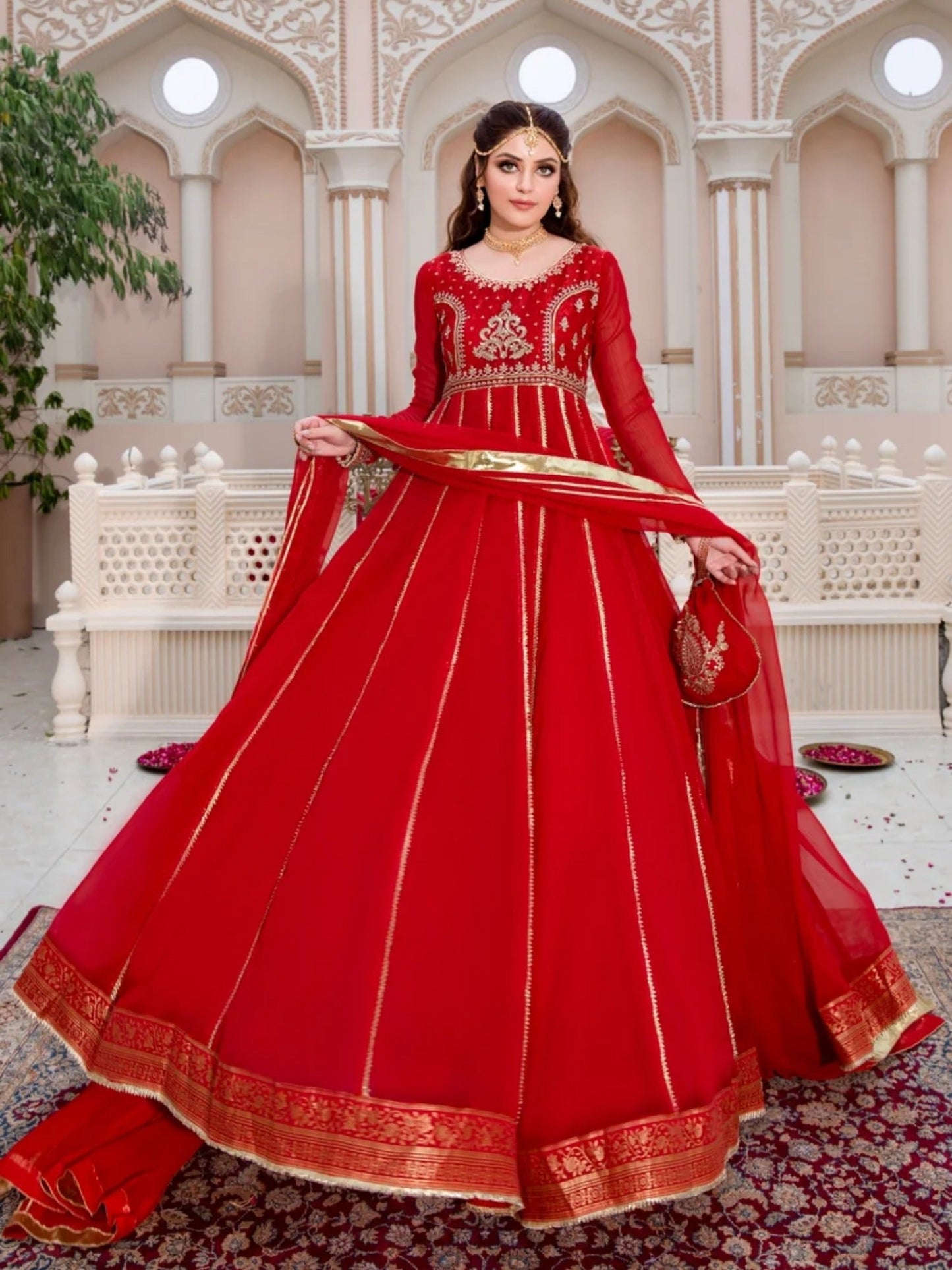 Red-Hani & Umaima Chiffon Embroidered Pishwas-Surkhab