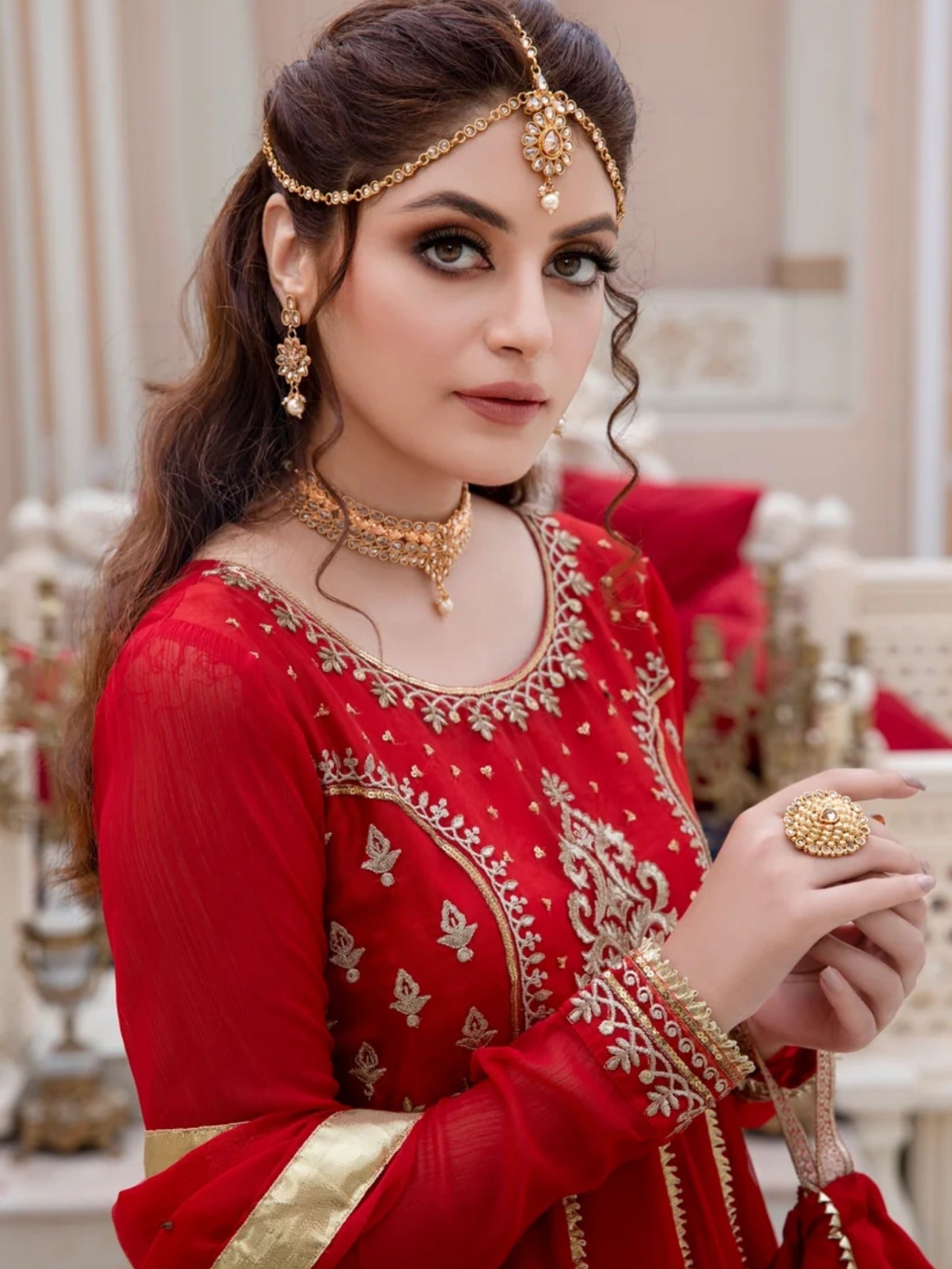 Red-Hani & Umaima Chiffon Embroidered Pishwas-Surkhab