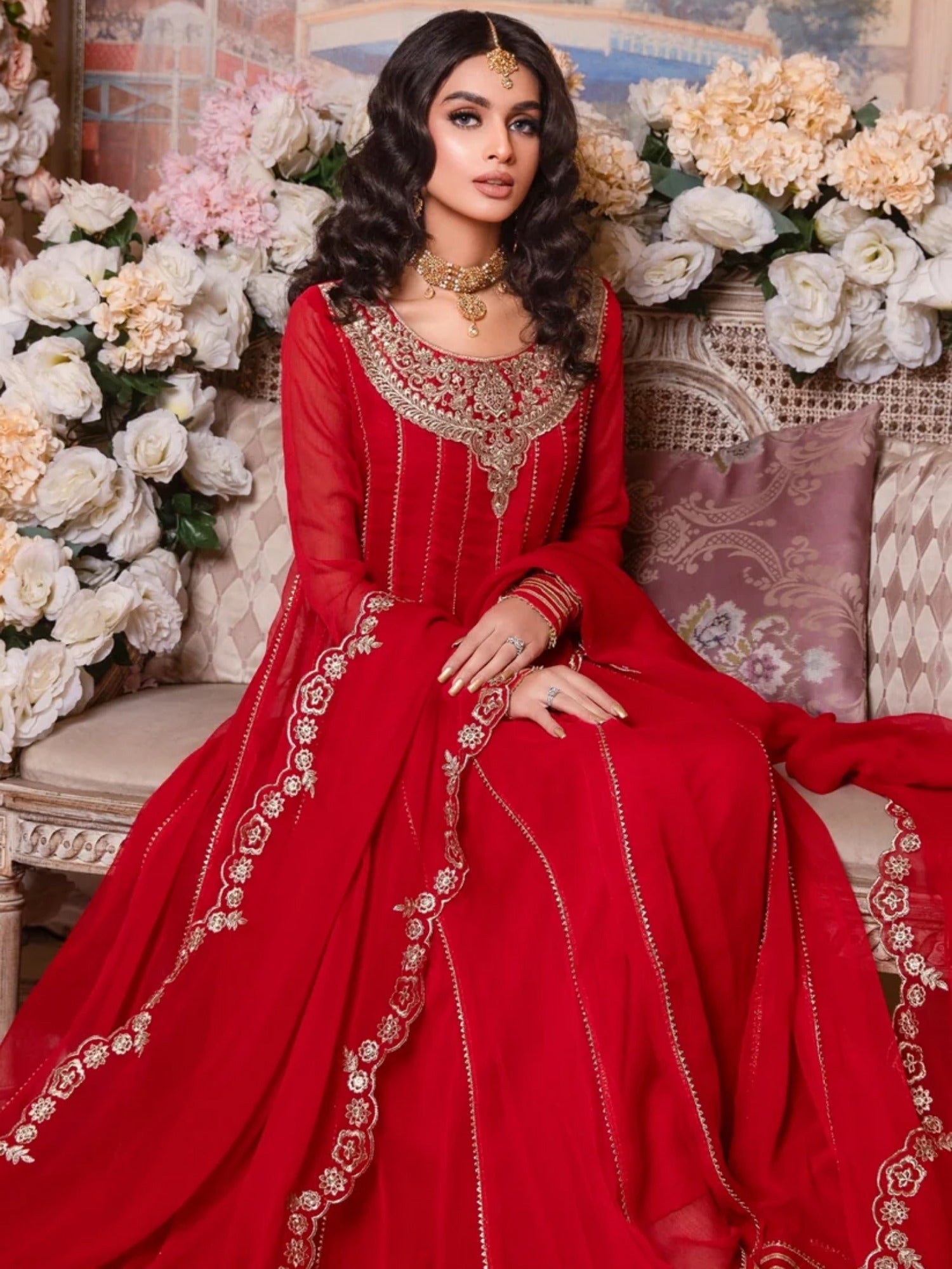 Red-Hani & Umaima Chiffon Embroidered Pishwas-Surkh