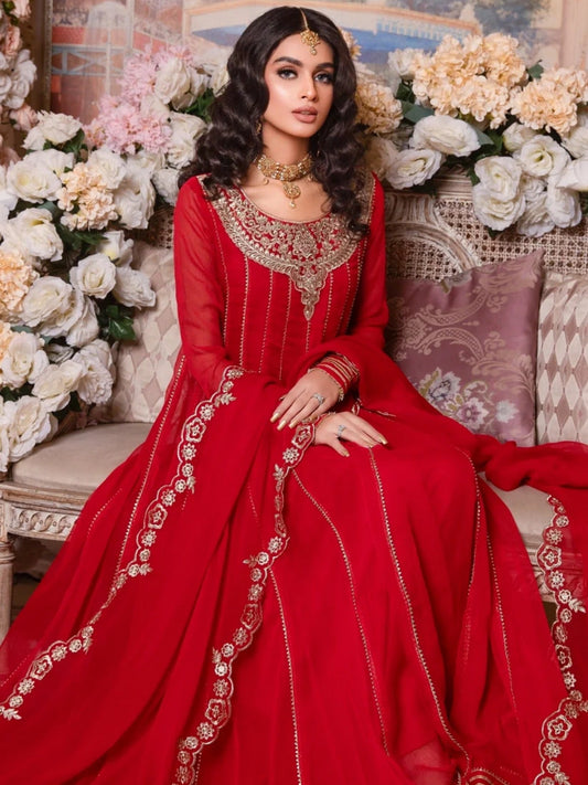 Red-Hani & Umaima Chiffon Embroidered Pishwas-Surkh