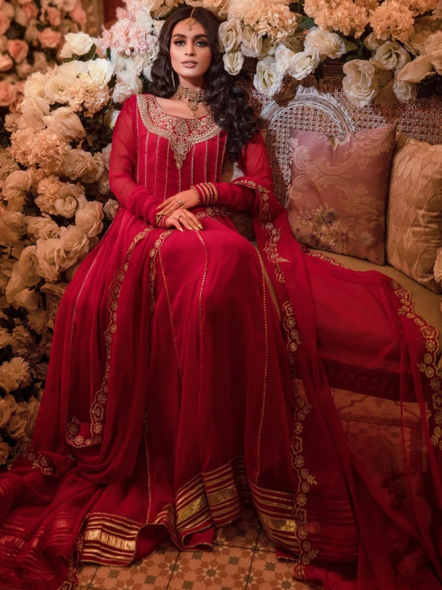 Red-Hani & Umaima Chiffon Embroidered Pishwas-Surkh