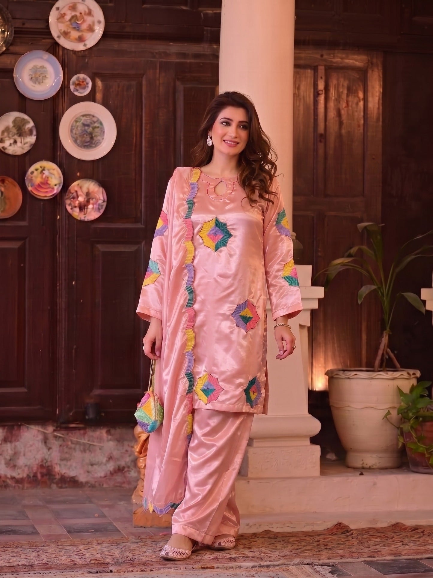 Pink Duas Boutique Sheesha Silk Embroidered Stitched 3-Piece Suit-Rainbow Rose