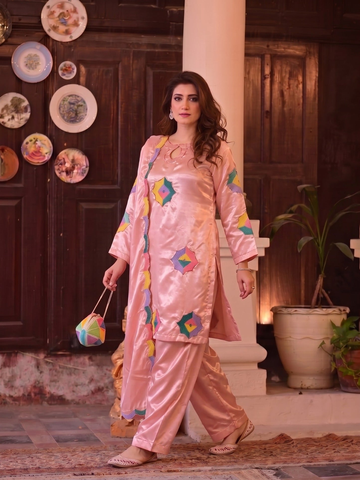Pink Duas Boutique Sheesha Silk Embroidered Stitched 3-Piece Suit-Rainbow Rose