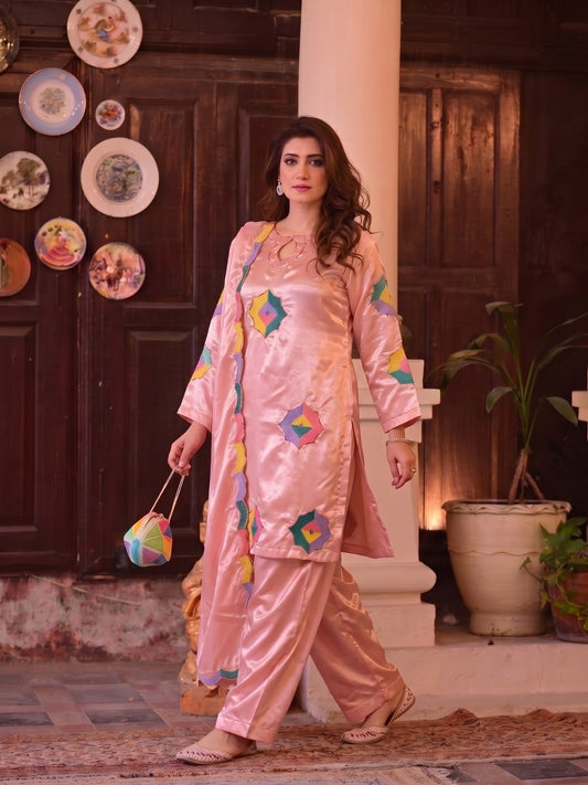 Pink Duas Boutique Sheesha Silk Embroidered Stitched 3-Piece Suit-Rainbow Rose