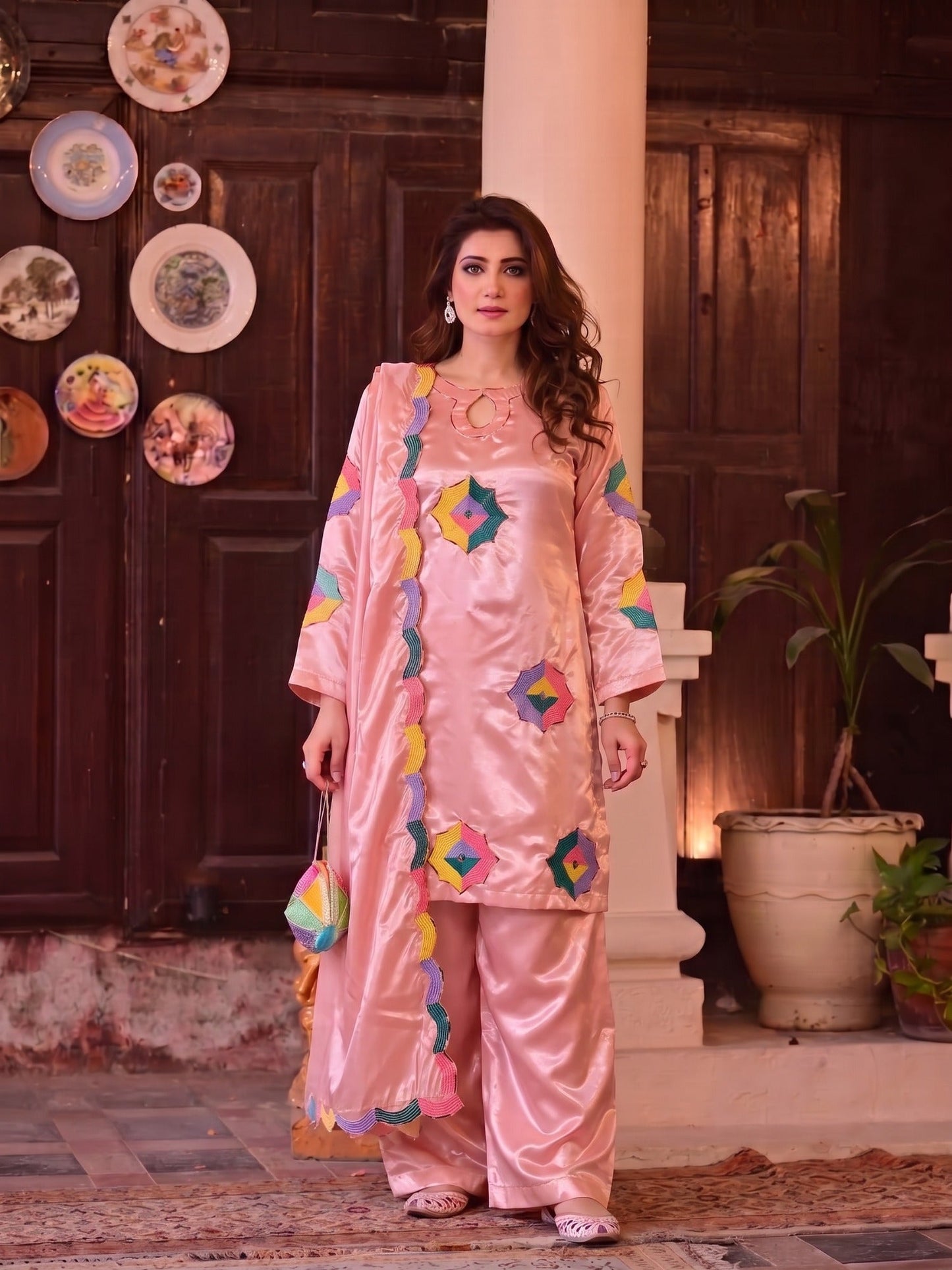 Pink Duas Boutique Sheesha Silk Embroidered Stitched 3-Piece Suit-Rainbow Rose