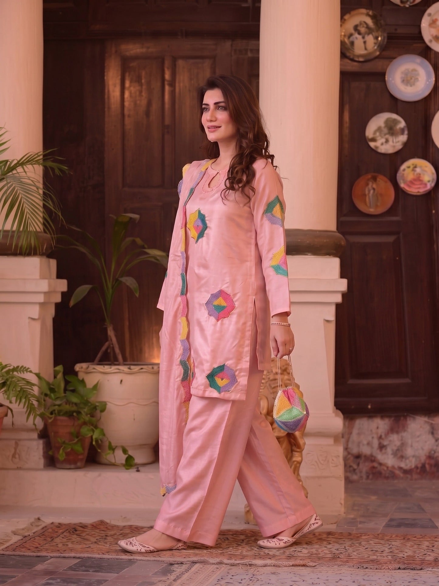 Pink Duas Boutique Sheesha Silk Embroidered Stitched 3-Piece Suit-Rainbow Rose