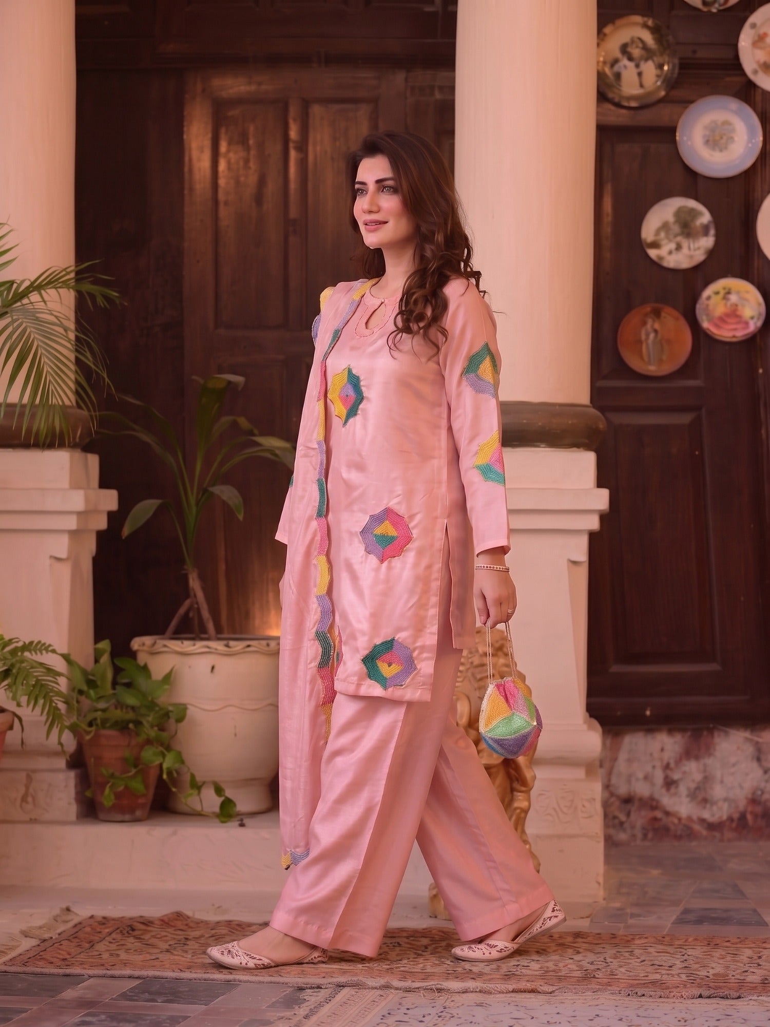 Pink Duas Boutique Sheesha Silk Embroidered Stitched 3-Piece Suit-Rainbow Rose
