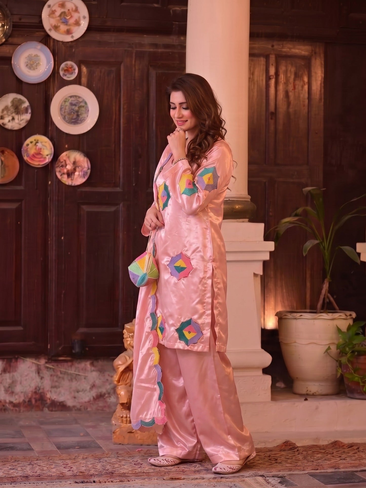 Pink Duas Boutique Sheesha Silk Embroidered Stitched 3-Piece Suit-Rainbow Rose