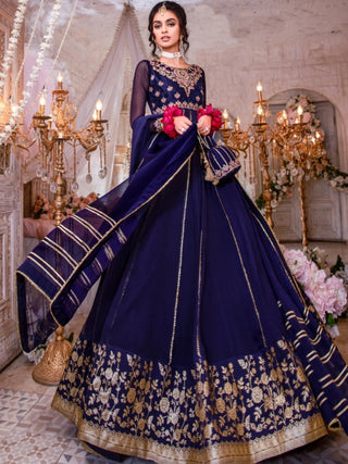 Blue Hani & Umaima Chiffon Embroidered Pishwas Mah e Mir