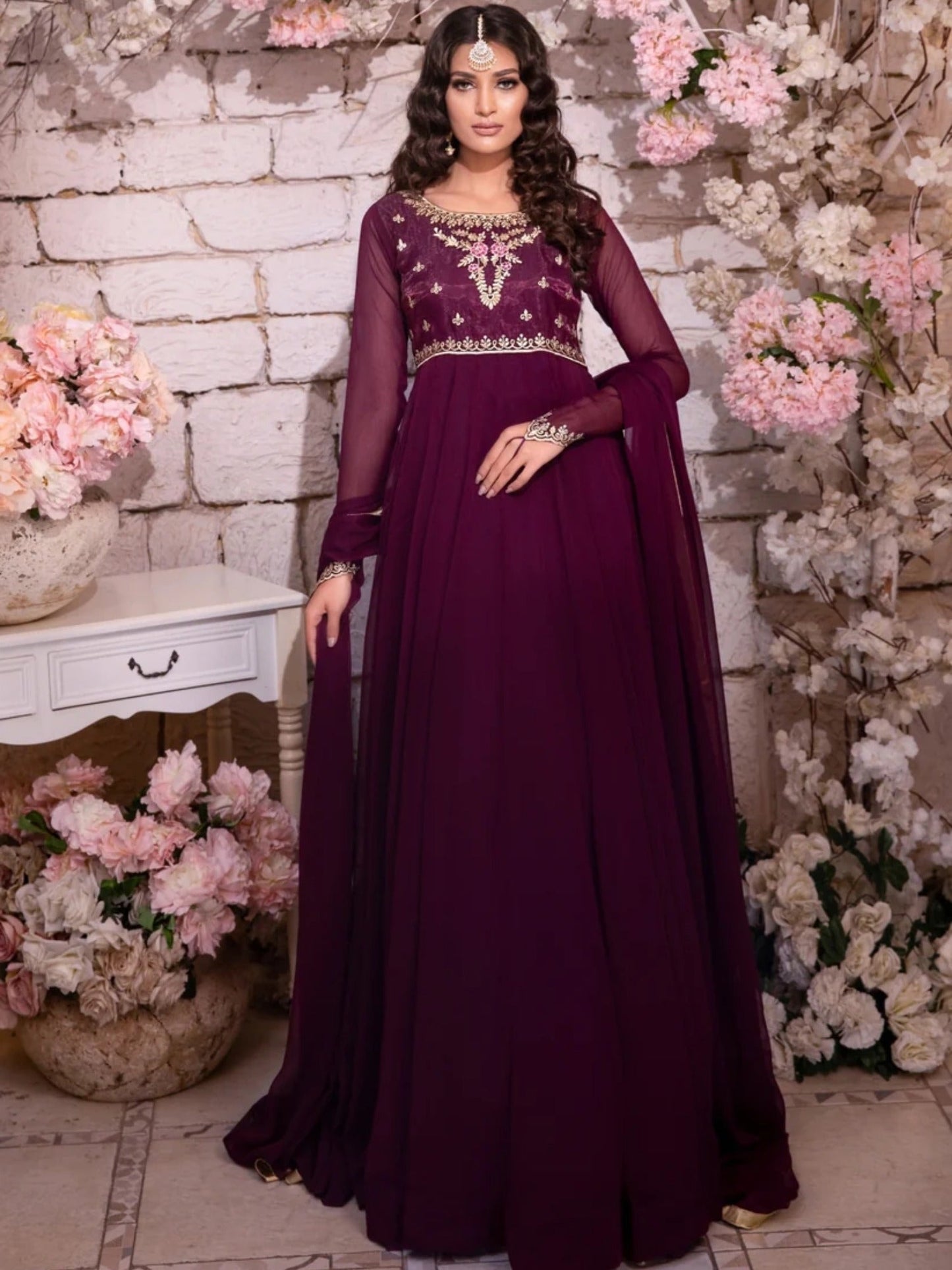 Purple-Hani & Umaima Chiffon Embroidered Pishwas-Maham