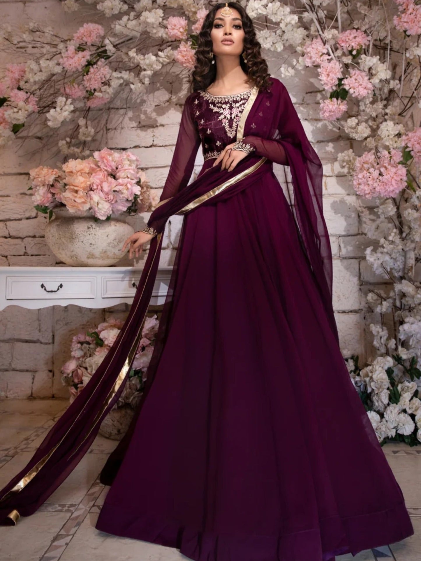 Purple-Hani & Umaima Chiffon Embroidered Pishwas-Maham
