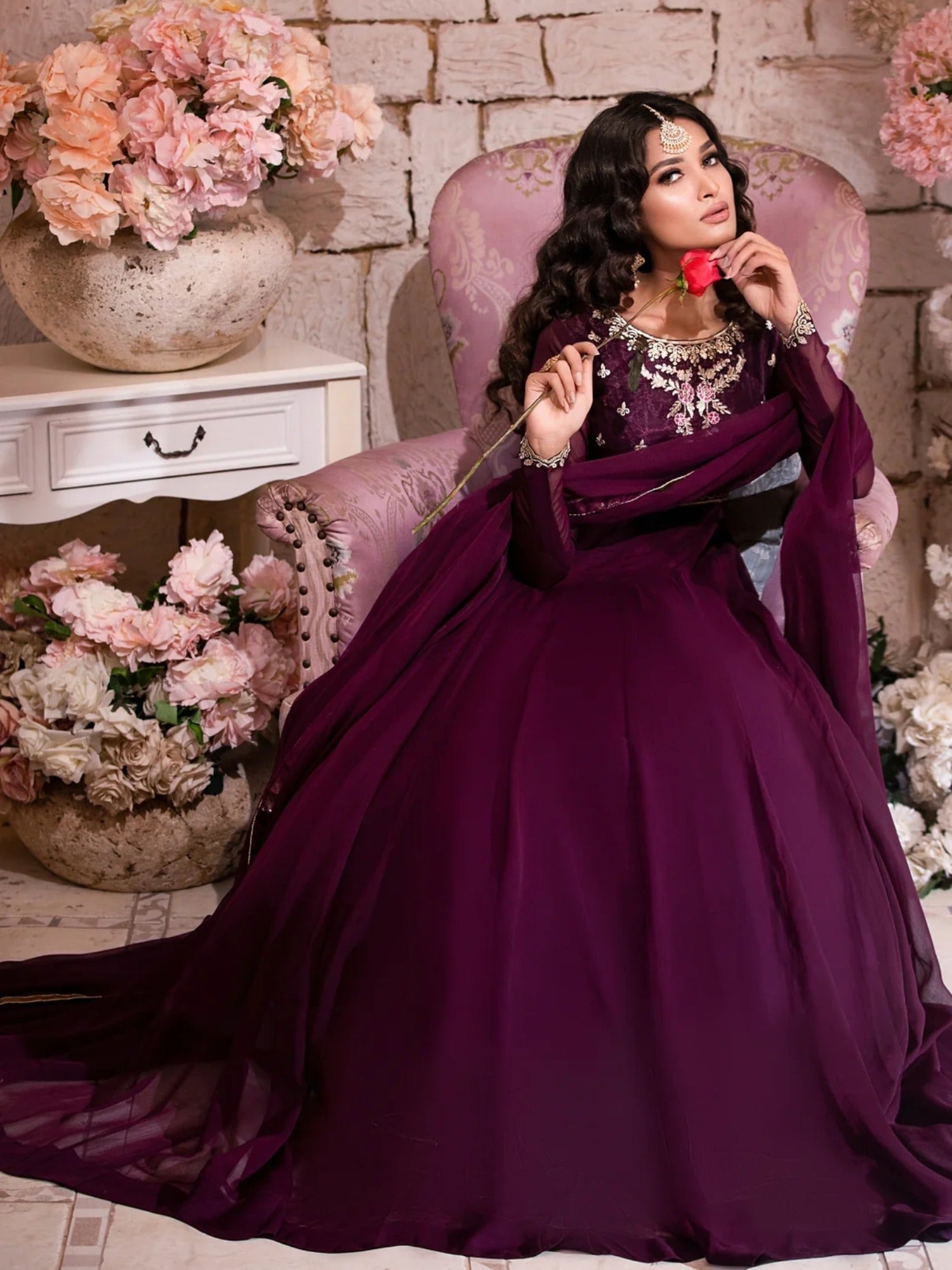 Purple-Hani & Umaima Chiffon Embroidered Pishwas-Maham