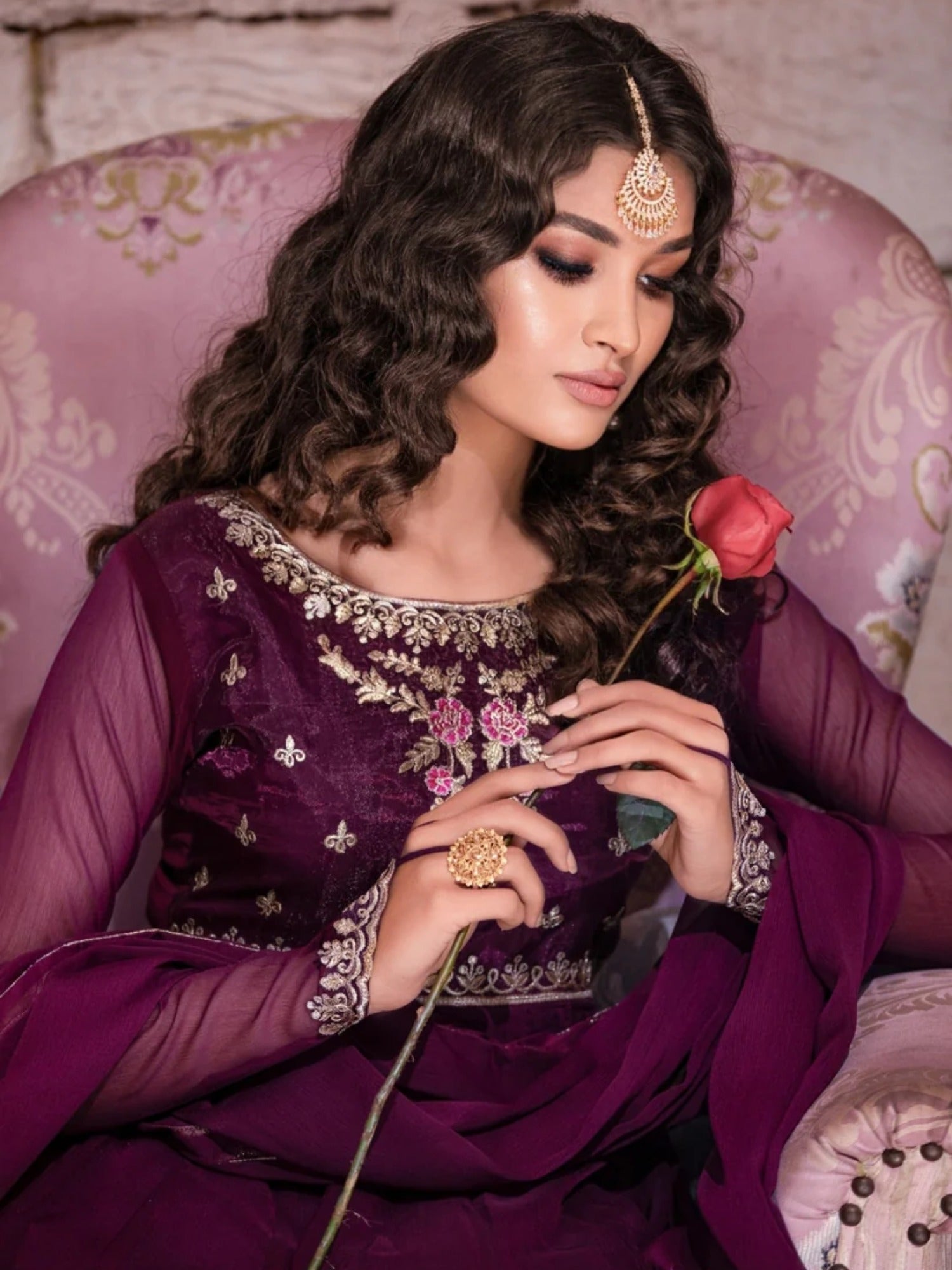 Purple-Hani & Umaima Chiffon Embroidered Pishwas-Maham