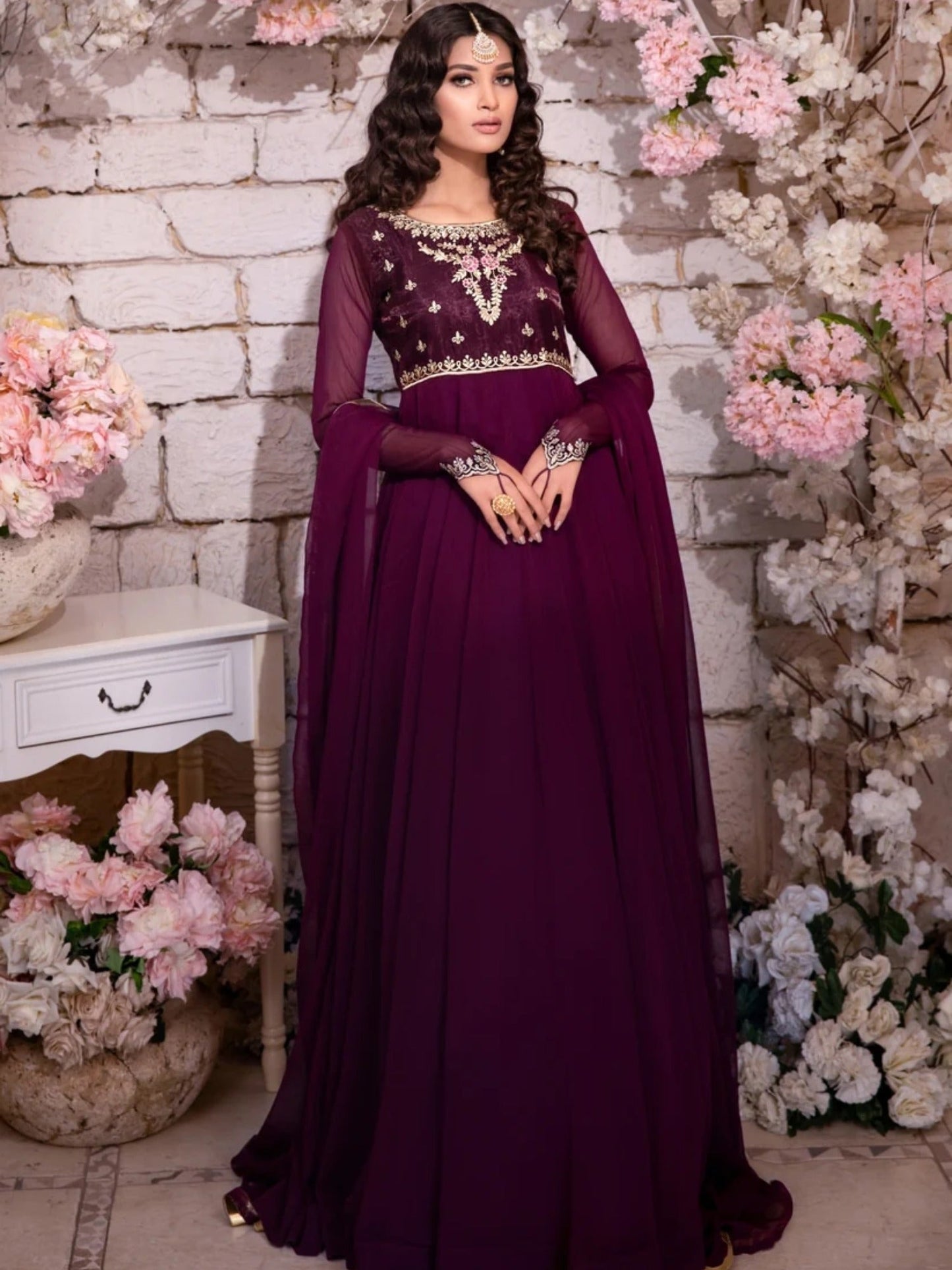 Purple-Hani & Umaima Chiffon Embroidered Pishwas-Maham